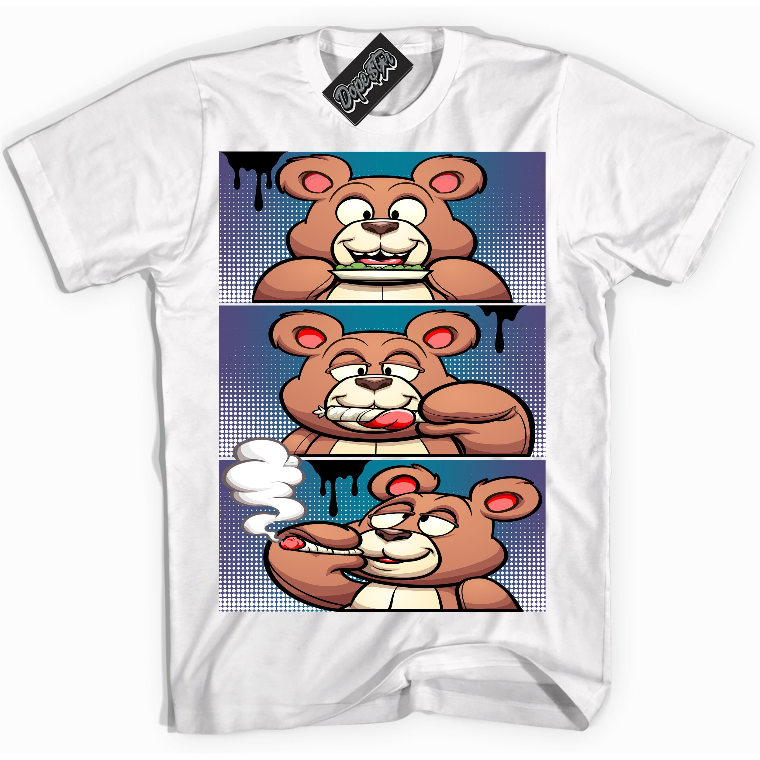 Cool White Shirt with “ Roll It Lick It Smoke It Bear” design that perfectly matches Love Letter 14s Sneakers.