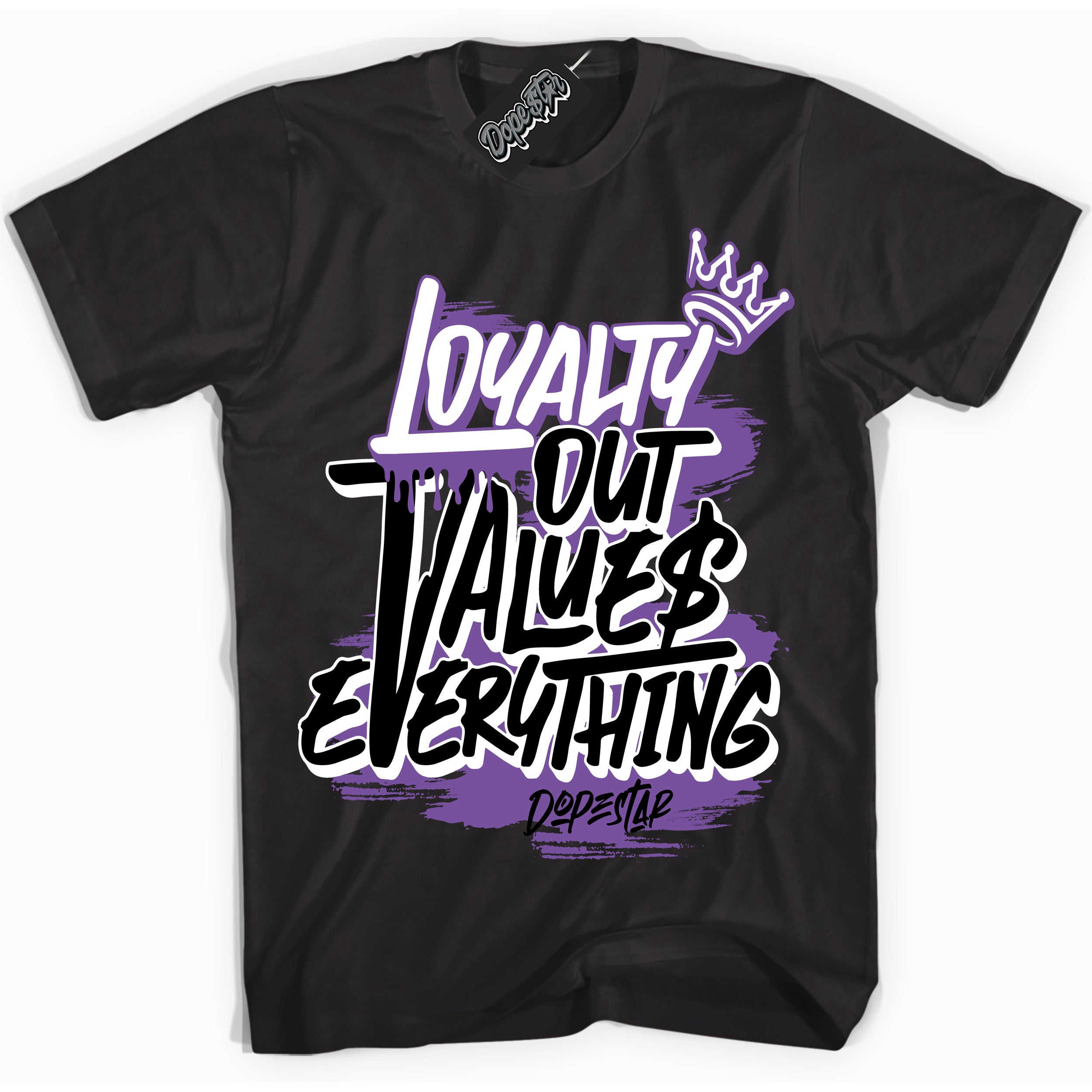 Cool Black Shirt with “ Loyalty Out Values Everything” design that perfectly matches FlyEase Black Bright Violet 1s Sneakers.