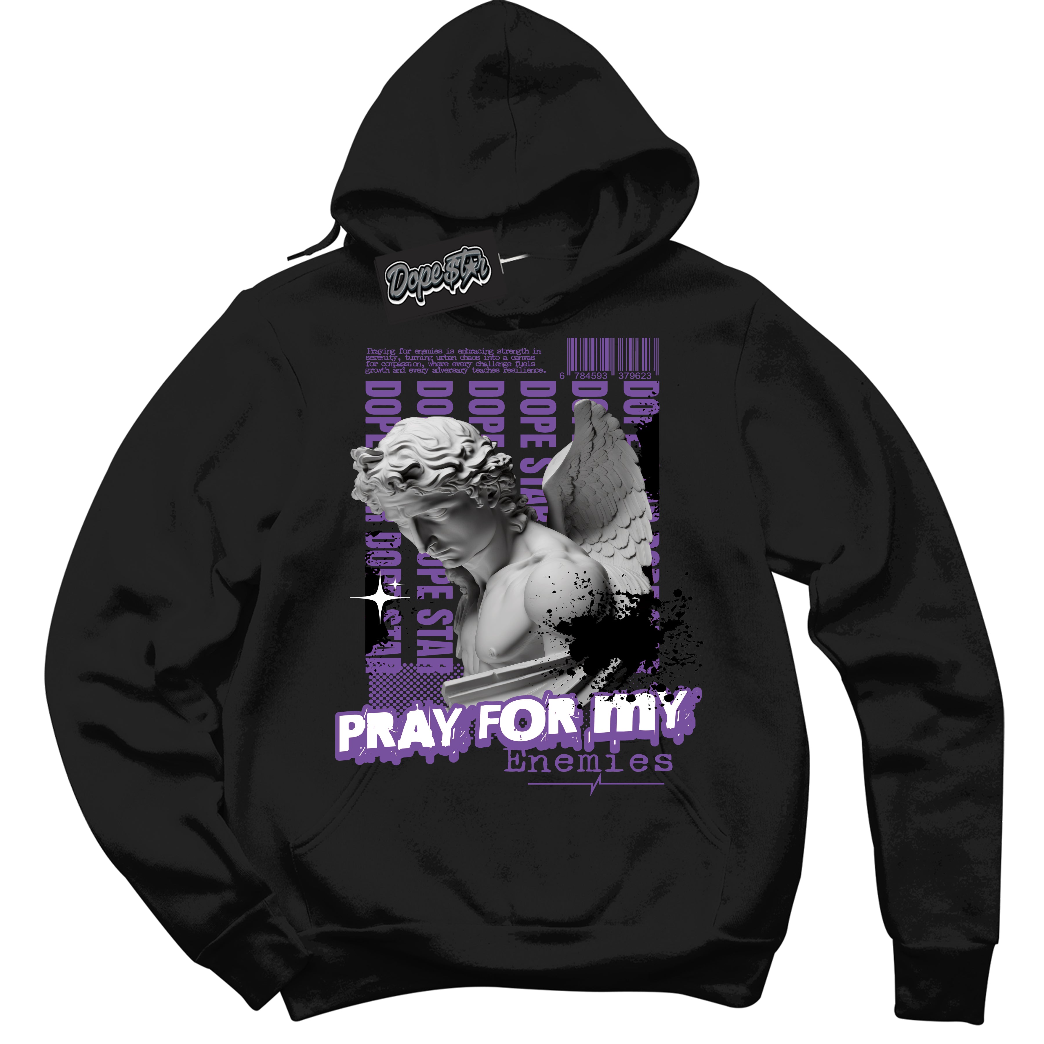 Cool Black Hoodie with “ Pray Enemies ”  design that Perfectly Matches FlyEase Black Bright Violet 1s Sneakers.
