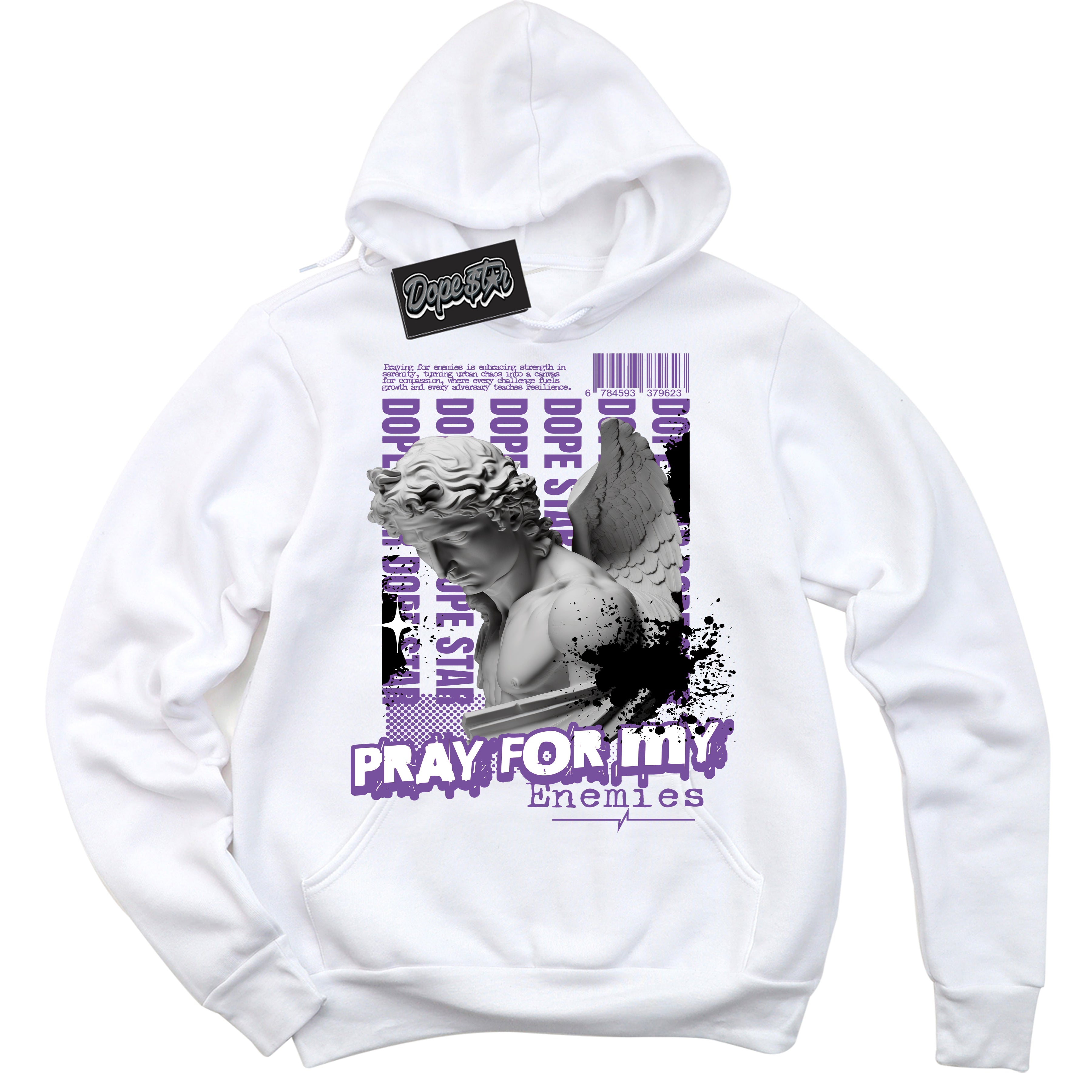 Cool White Hoodie with “ Pray Enemies ”  design that Perfectly Matches FlyEase Black Bright Violet 1s Sneakers.