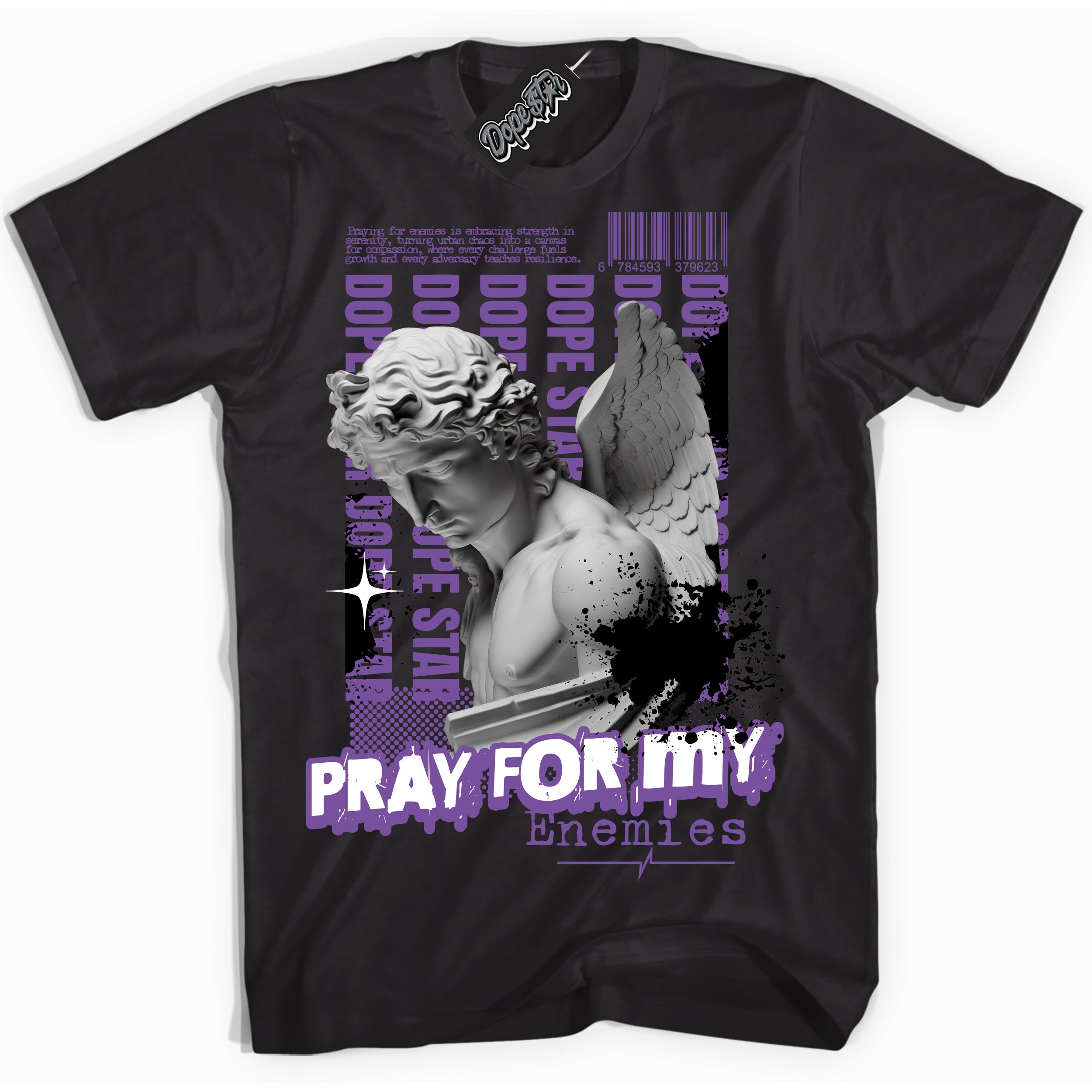 Cool Black Shirt with “ Pray Enemies” design that perfectly matches FlyEase Black Bright Violet 1s Sneakers.
