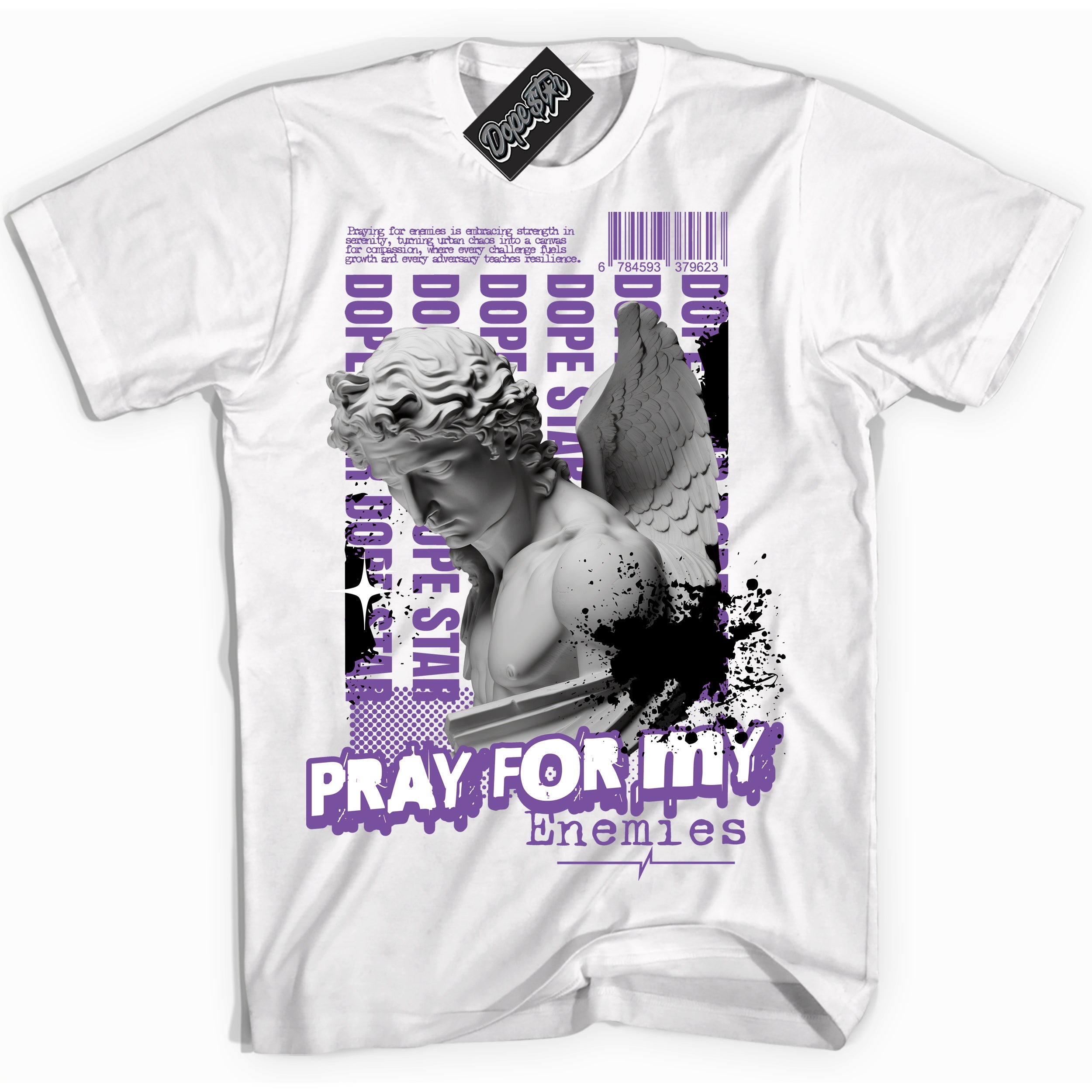 Cool White Shirt with “ Pray Enemies” design that perfectly matches FlyEase Black Bright Violet 1s Sneakers.