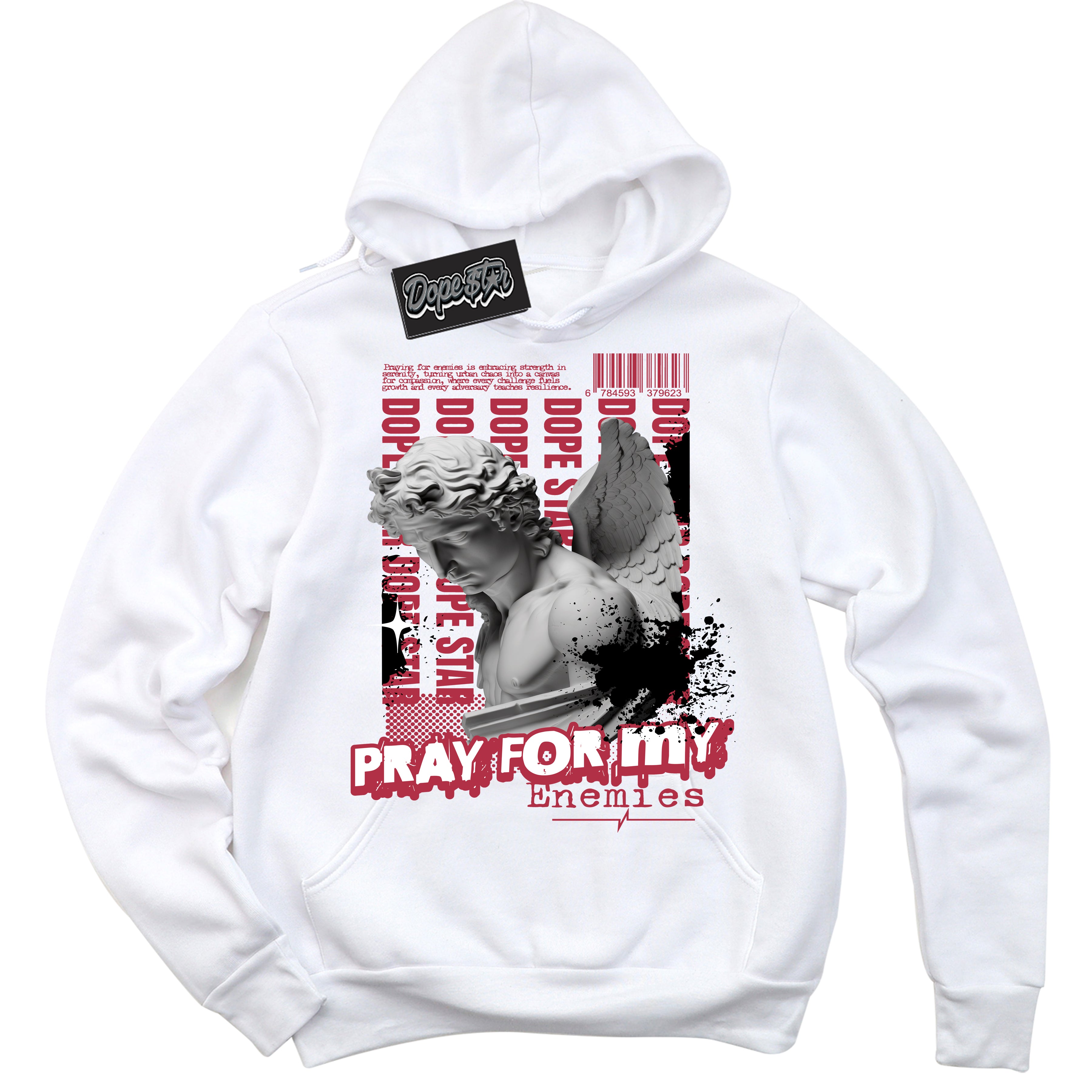 Cool White Hoodie with “ Pray Enemies ”  design that Perfectly Matches FlyEase Black White Fire Red 1s Sneakers.