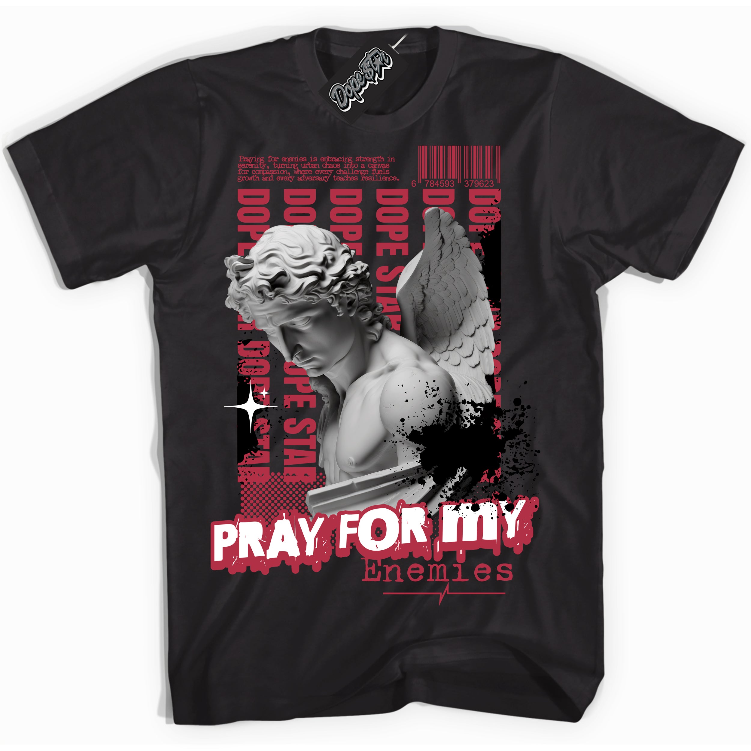 Cool Black Shirt with “ Pray Enemies” design that perfectly matches FlyEase Black White Fire Red 1s Sneakers.