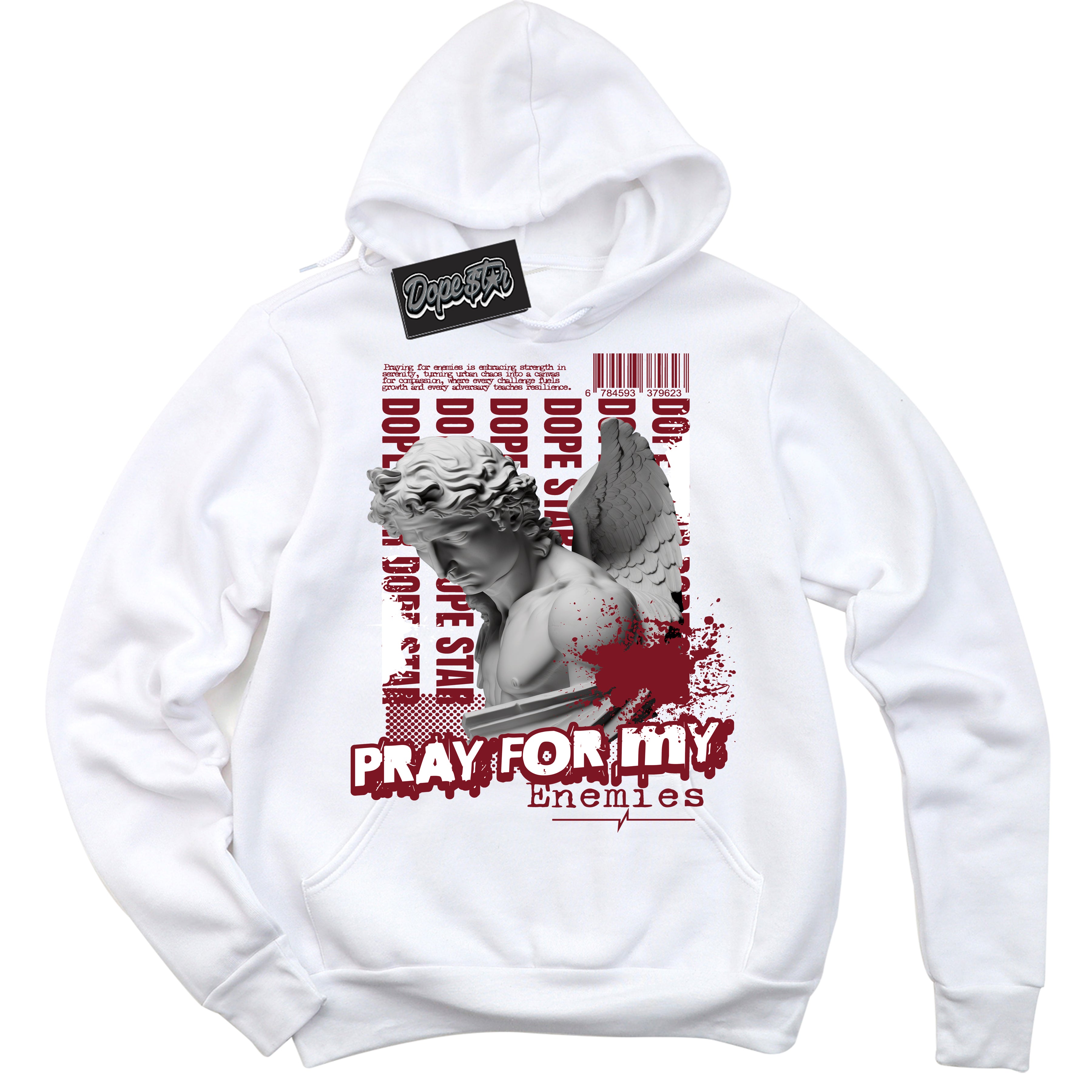 Cool White Hoodie with “ Pray Enemies ”  design that Perfectly Matches Metallic Burgundy 1s Sneakers.