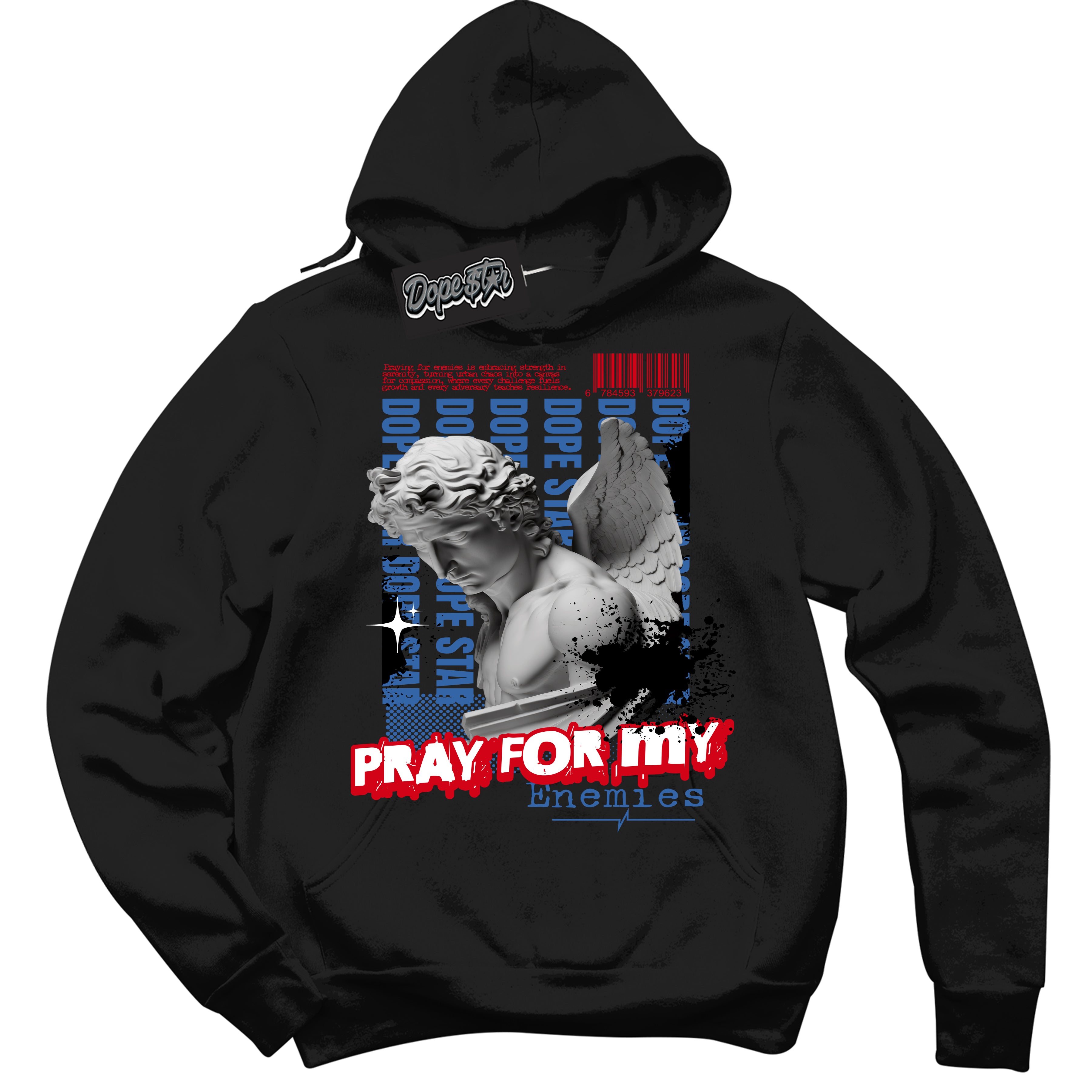 Cool Black Hoodie with “ Pray Enemies ”  design that Perfectly Matches Industrial Blue Sashiko 1s Sneakers.