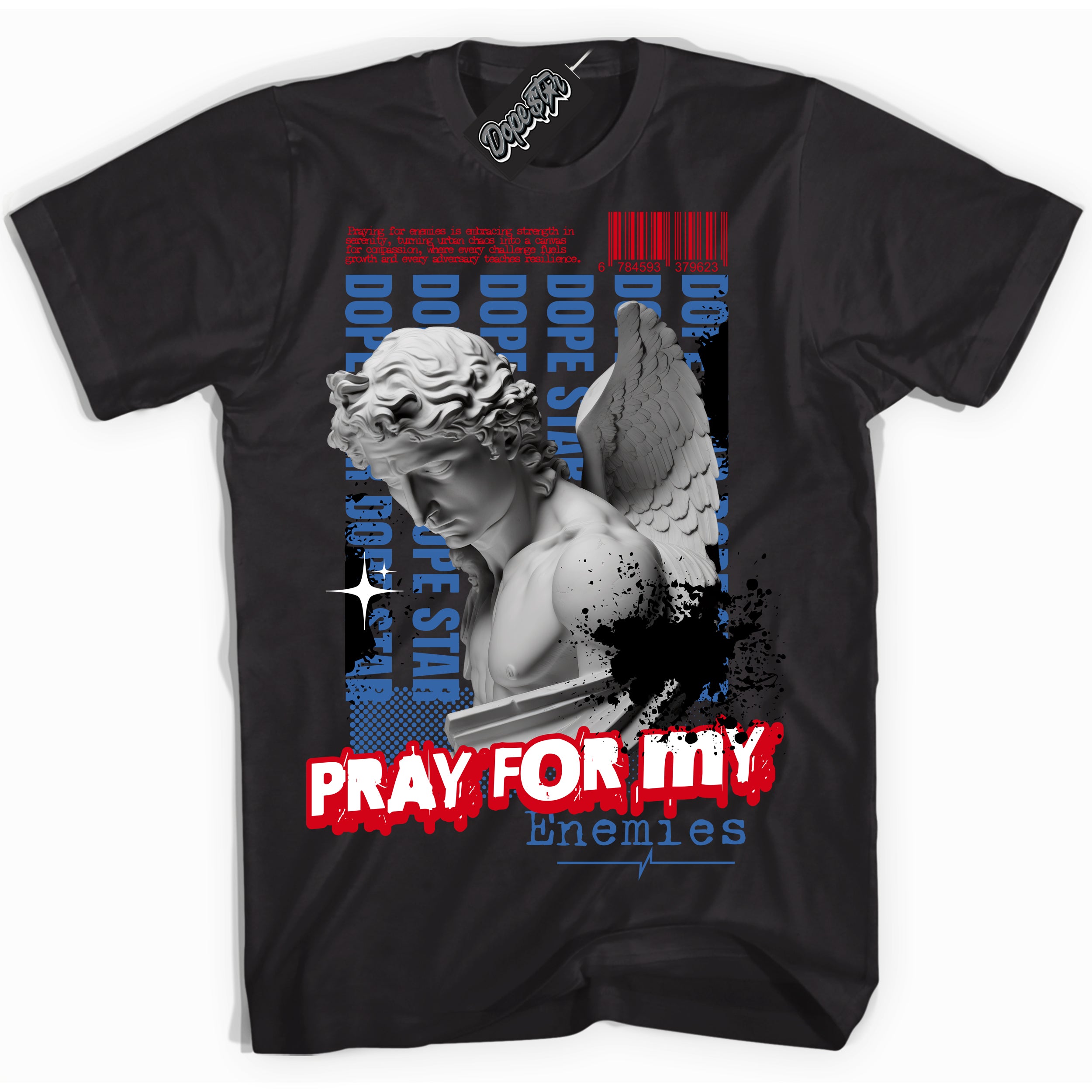 Cool Black Shirt with “ Pray Enemies” design that perfectly matches Industrial Blue Sashiko 1s Sneakers.