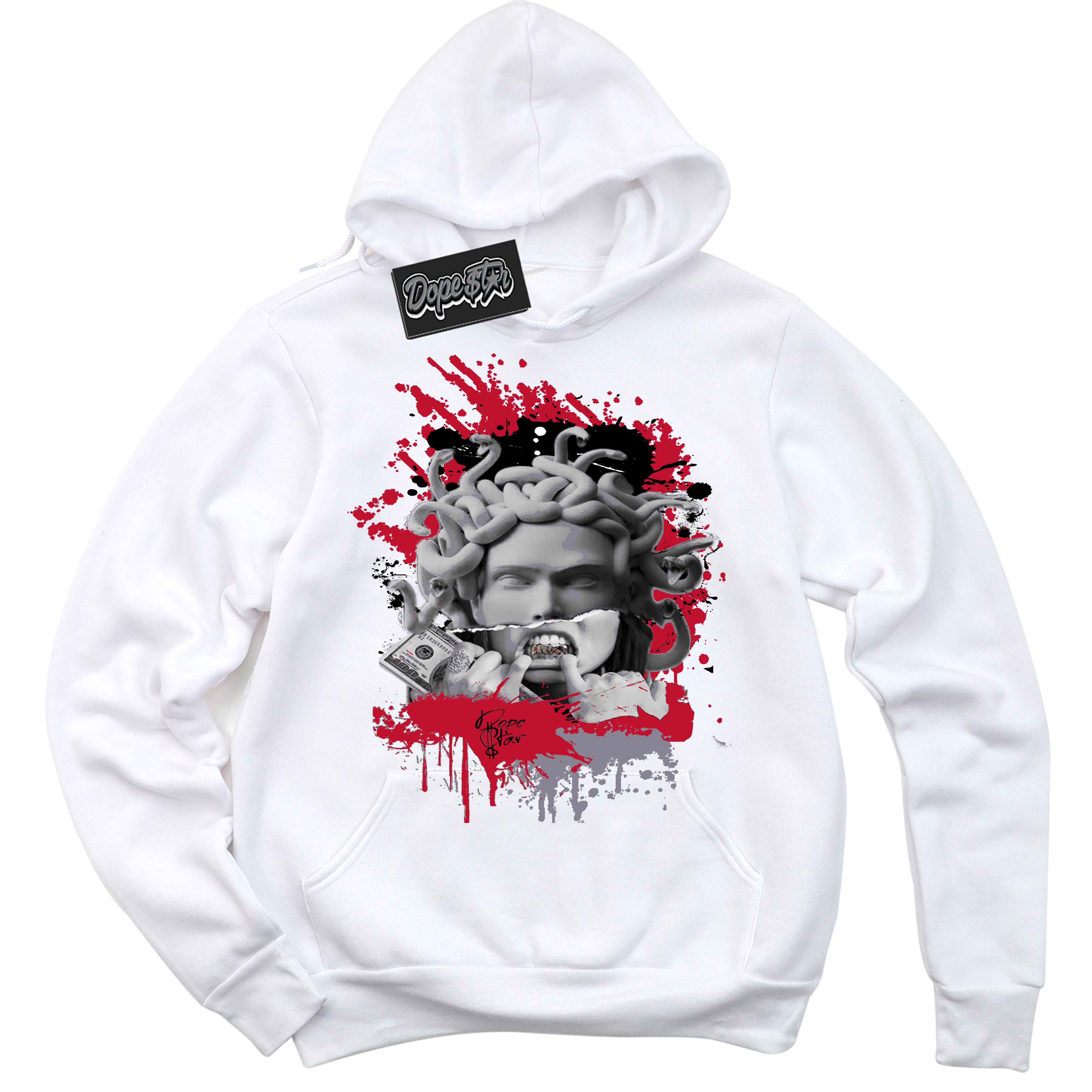 Cool White Hoodie with “ Medusa '' design that Perfectly Matches  Cement Grey Fire Red 1s Sneakers.