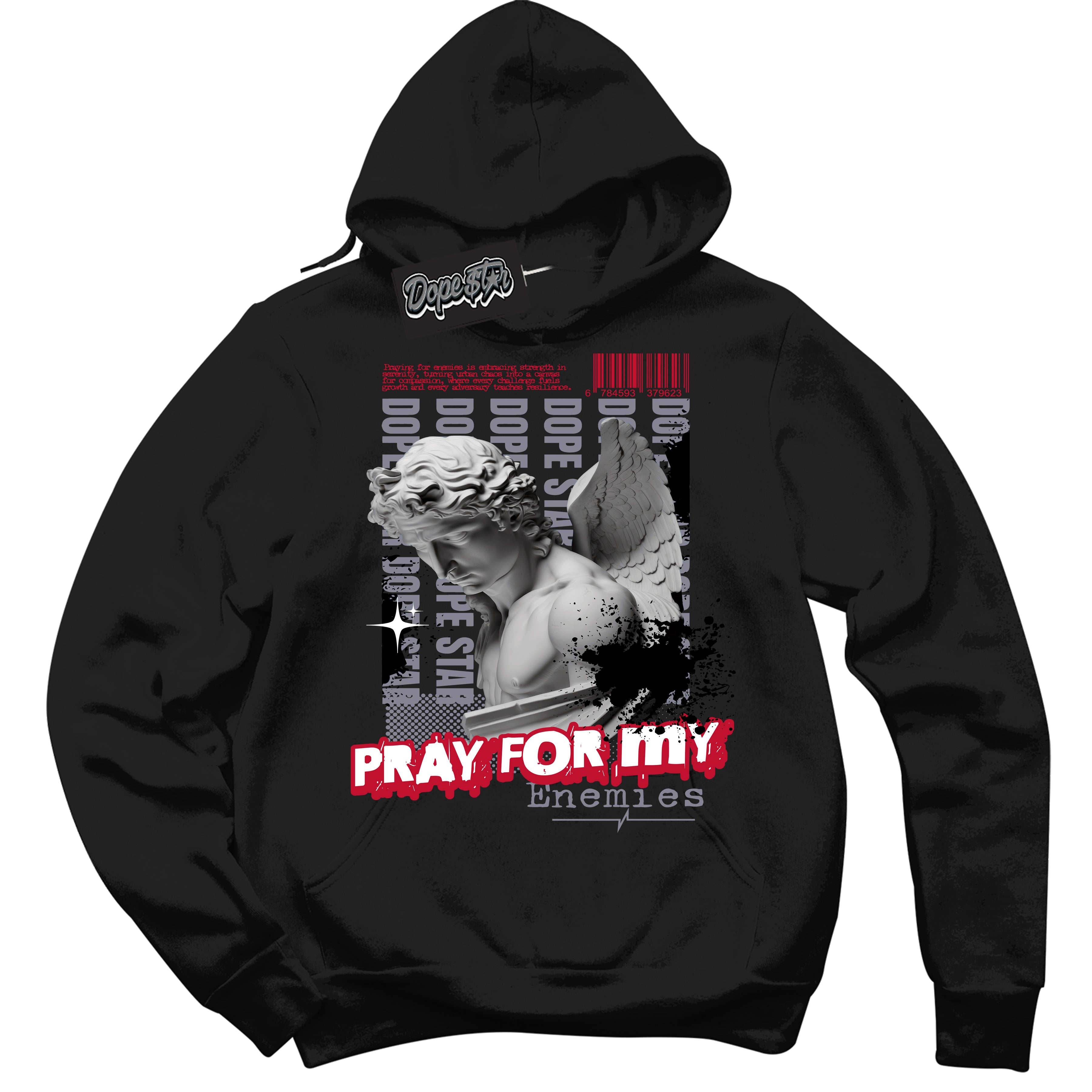 Cool Black Hoodie with “ Pray Enemies ”  design that Perfectly Matches Cement Grey Fire Red 1s Sneakers.