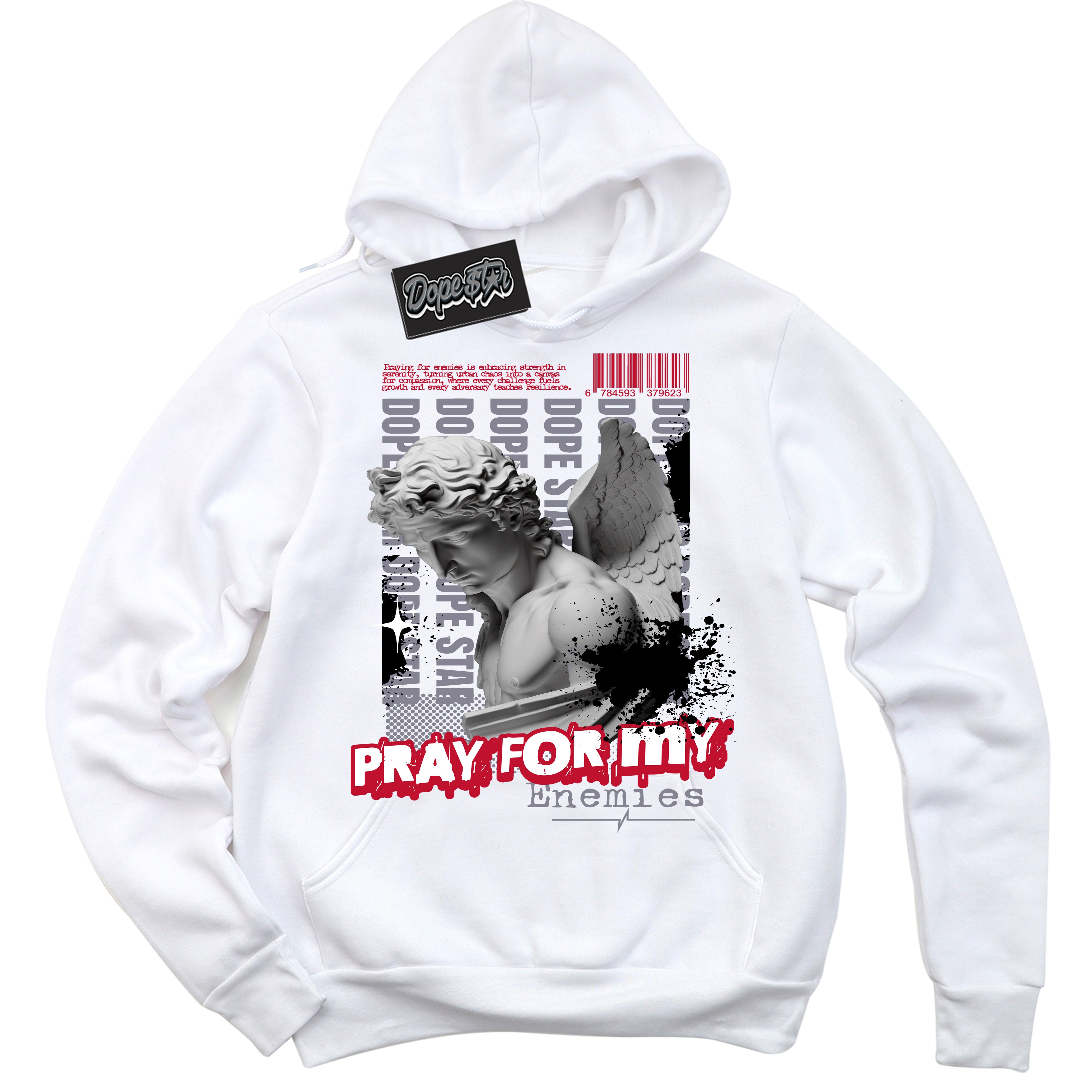 Cool White Hoodie with “ Pray Enemies ”  design that Perfectly Matches Cement Grey Fire Red 1s Sneakers.