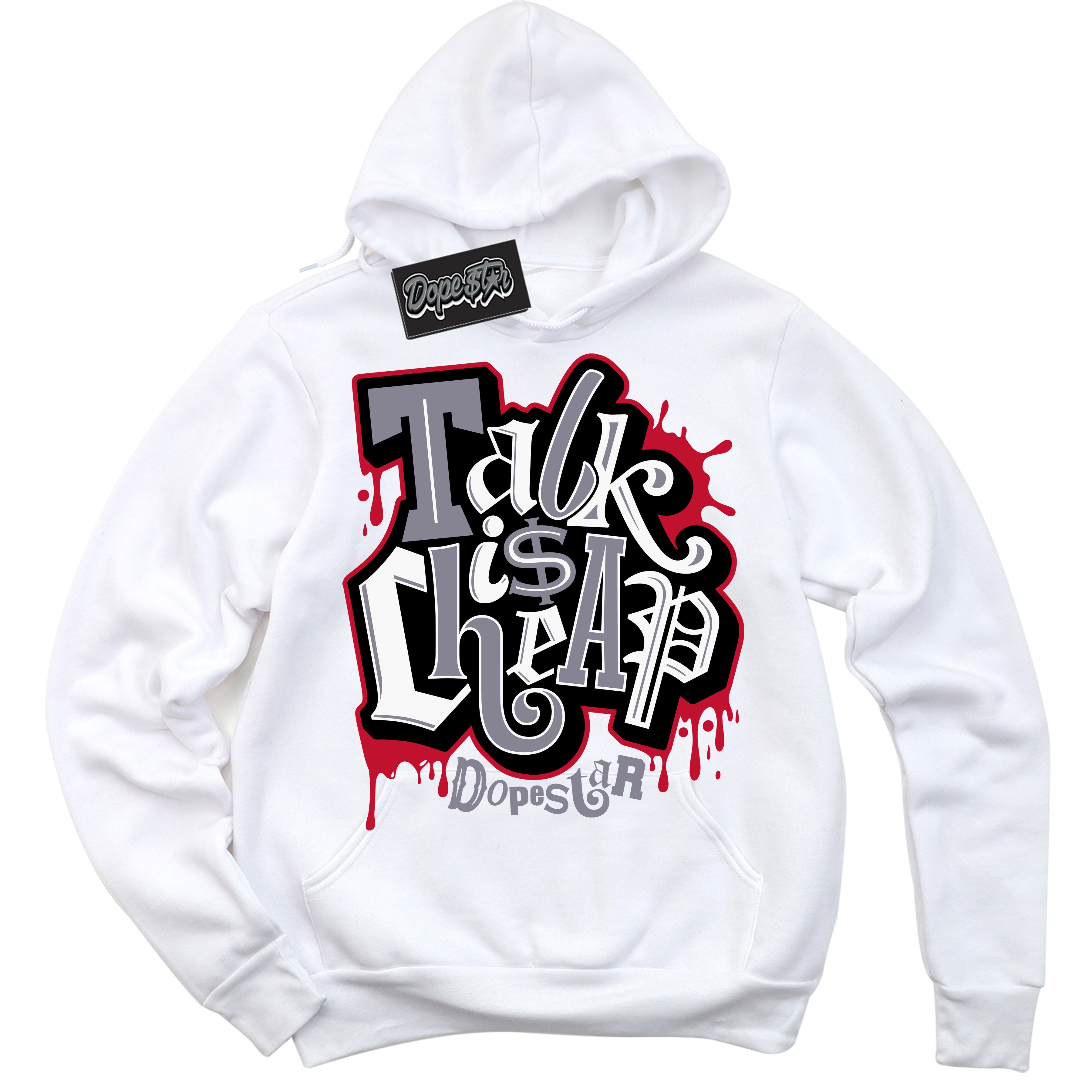 Cool White Hoodie with “ Talk Is Cheap '' design that Perfectly Matches  Cement Grey Fire Red 1s Sneakers.