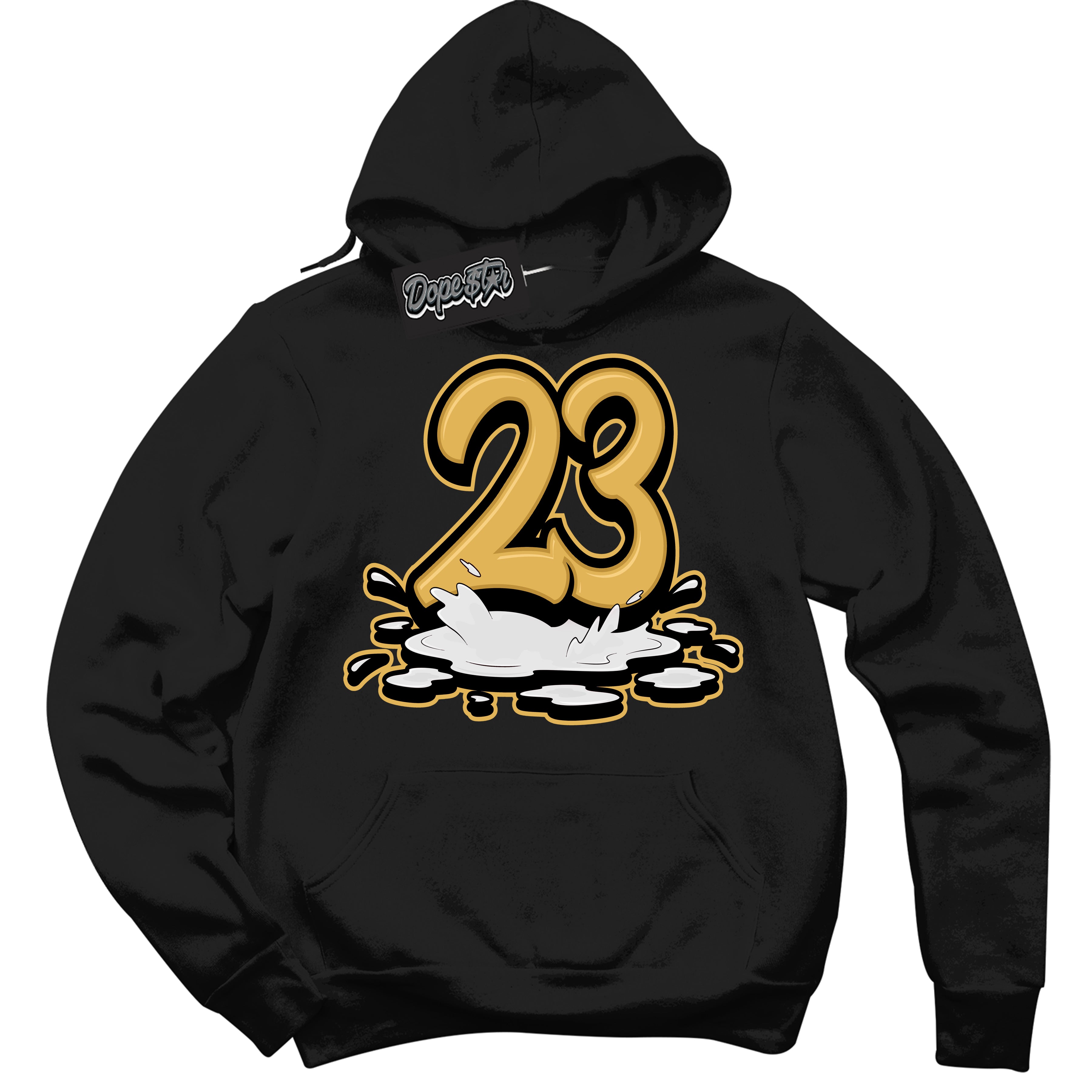 Cool Black Hoodie with “ 23 Melting ”  design that Perfectly Matches Gold Swoosh 1s Sneakers.