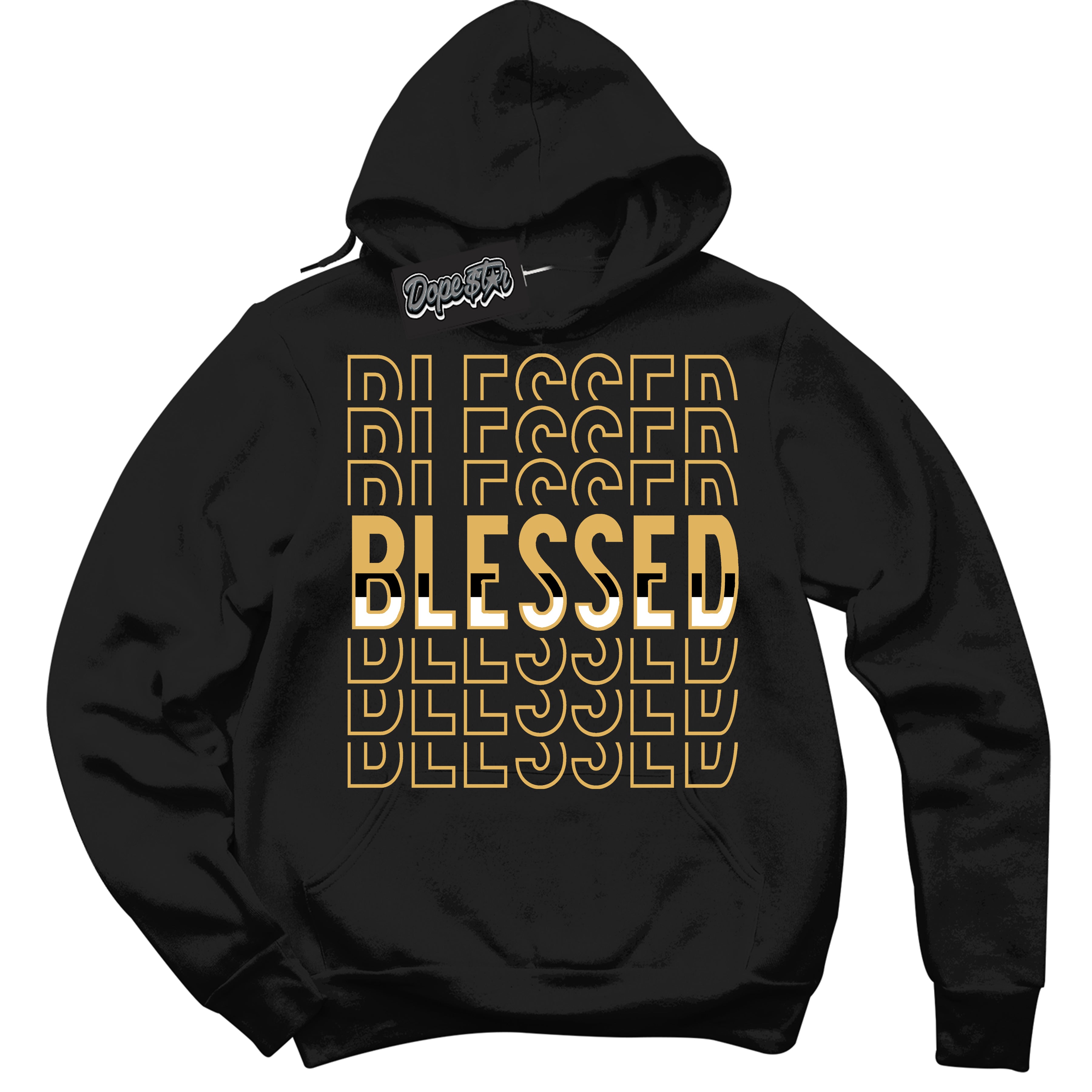 Cool Black Hoodie with “ Blessed Stacked ”  design that Perfectly Matches Gold Swoosh 1s Sneakers.
