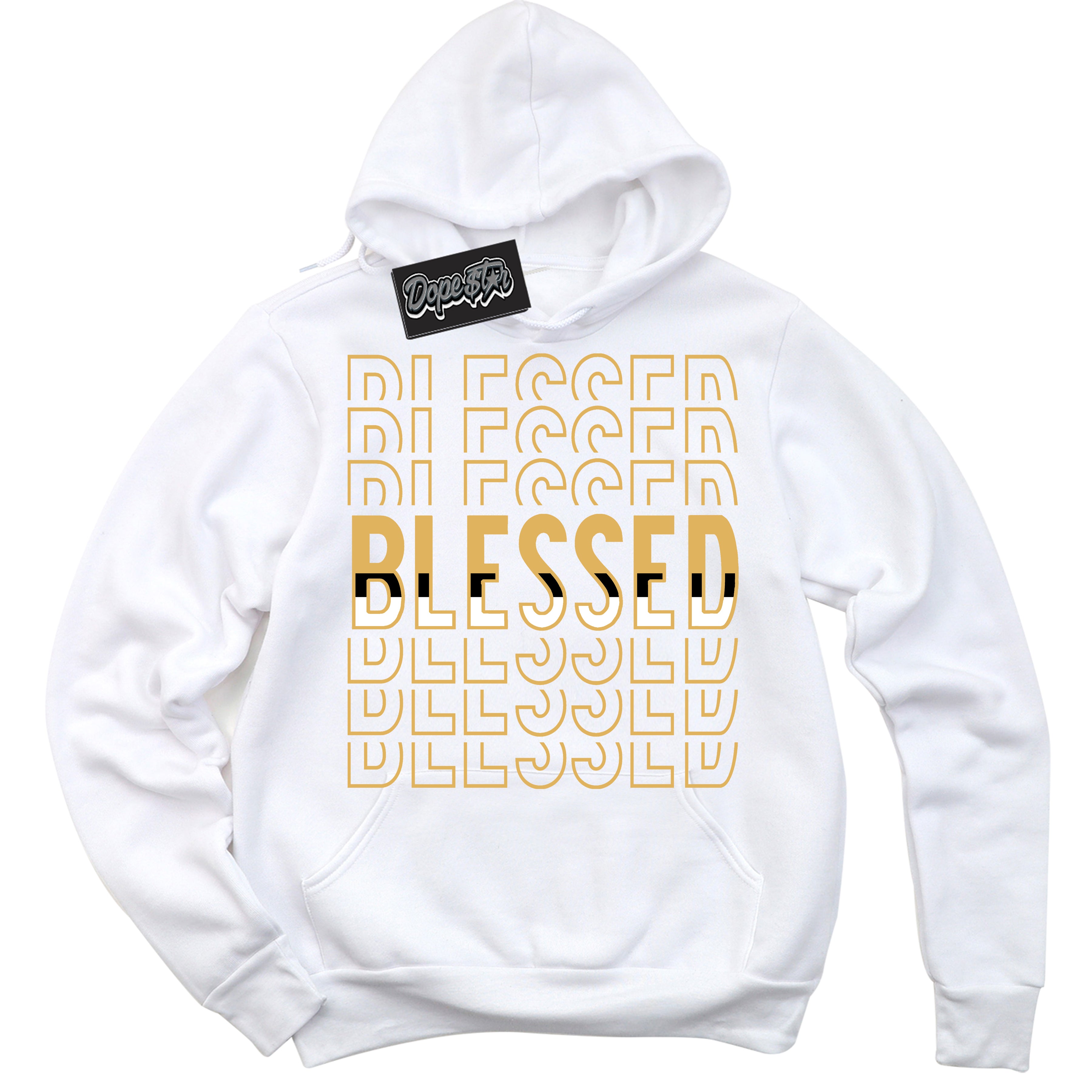 Cool White Hoodie with “ Blessed Stacked ”  design that Perfectly Matches Gold Swoosh 1s Sneakers.