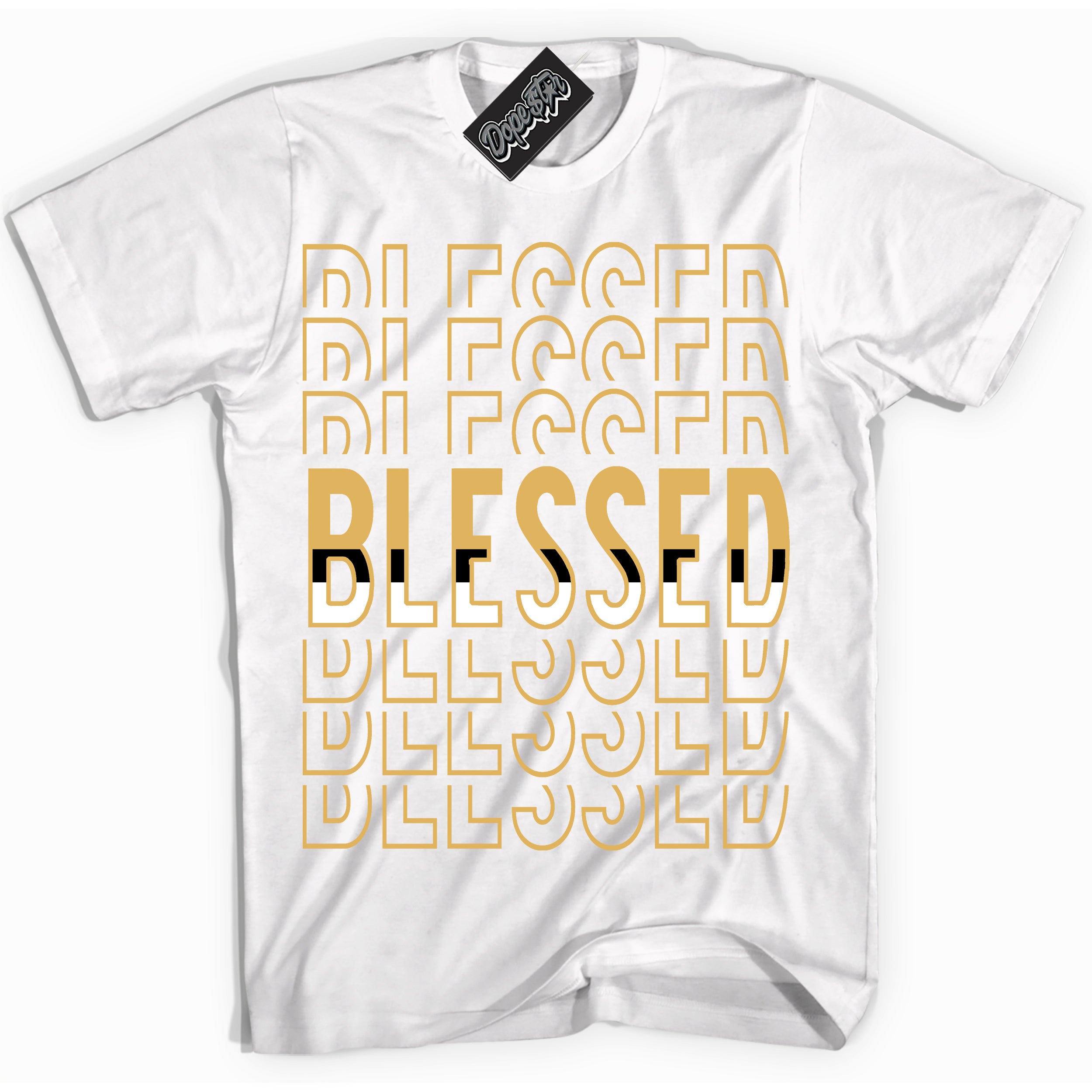 Cool White Shirt with “ Blessed Stacked ” design that perfectly matches Gold Swoosh 1s Sneakers.