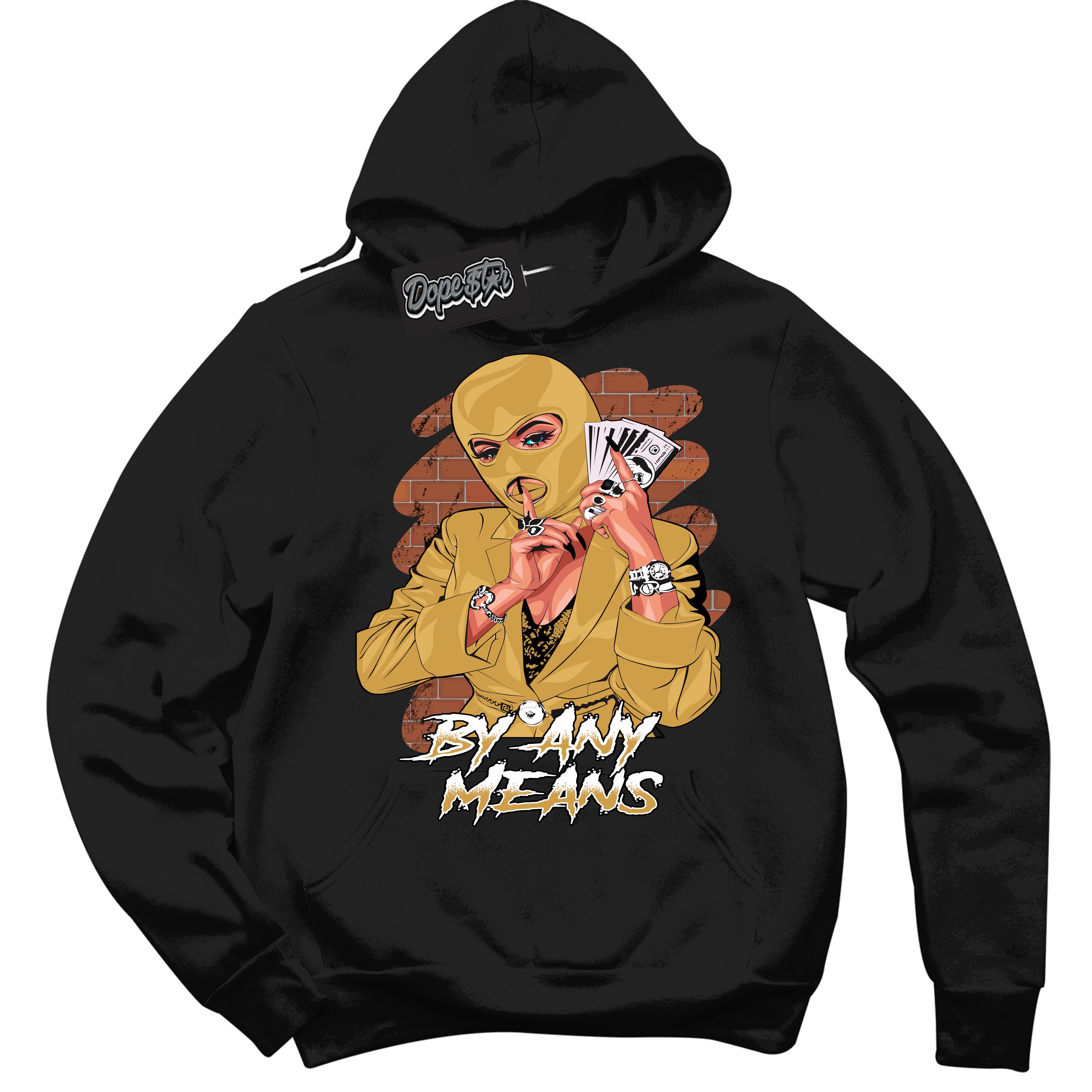 Cool Black Hoodie with “ By Any Means ”  design that Perfectly Matches Gold Swoosh 1s Sneakers.