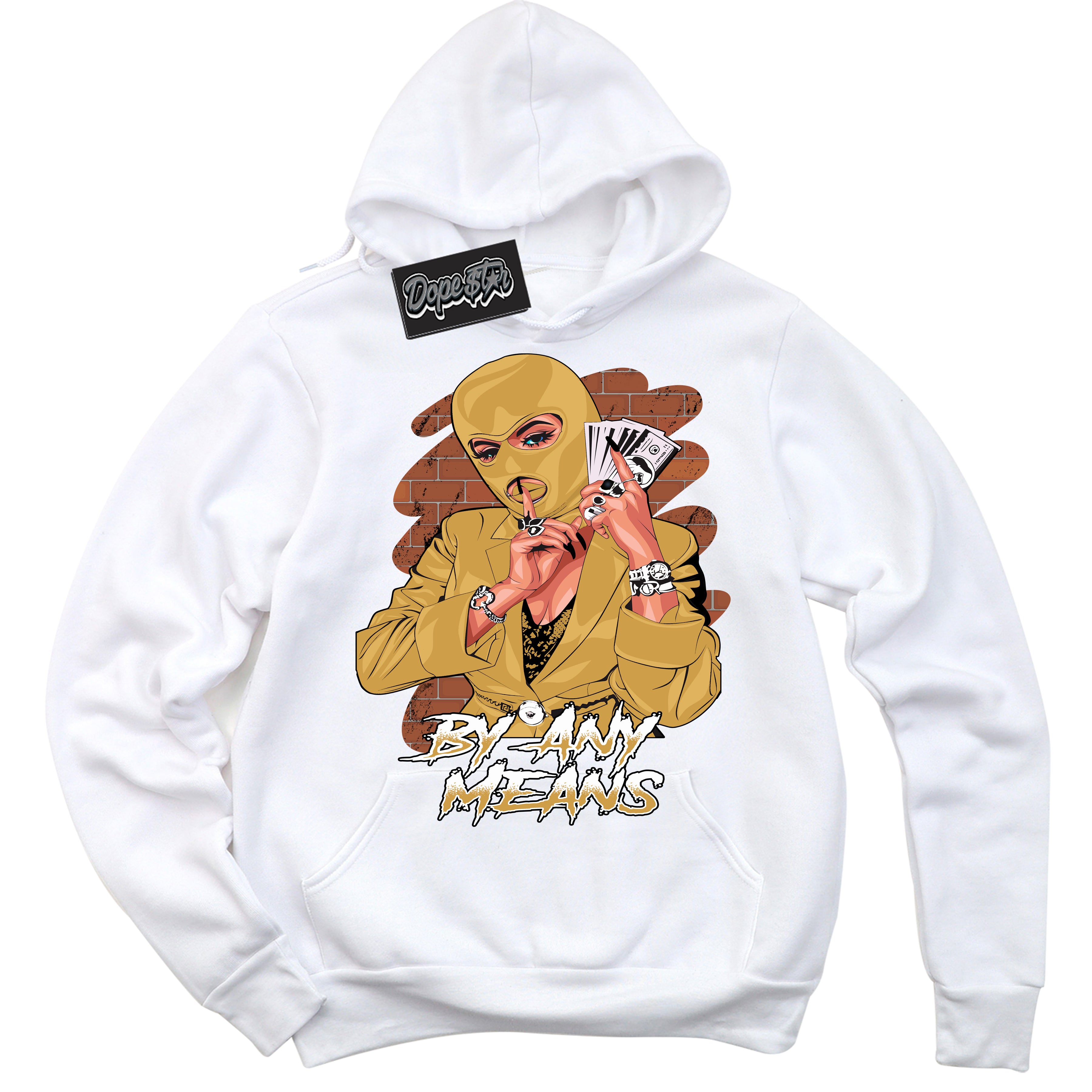 Cool White Hoodie with “ By Any Means ”  design that Perfectly Matches Gold Swoosh 1s Sneakers.