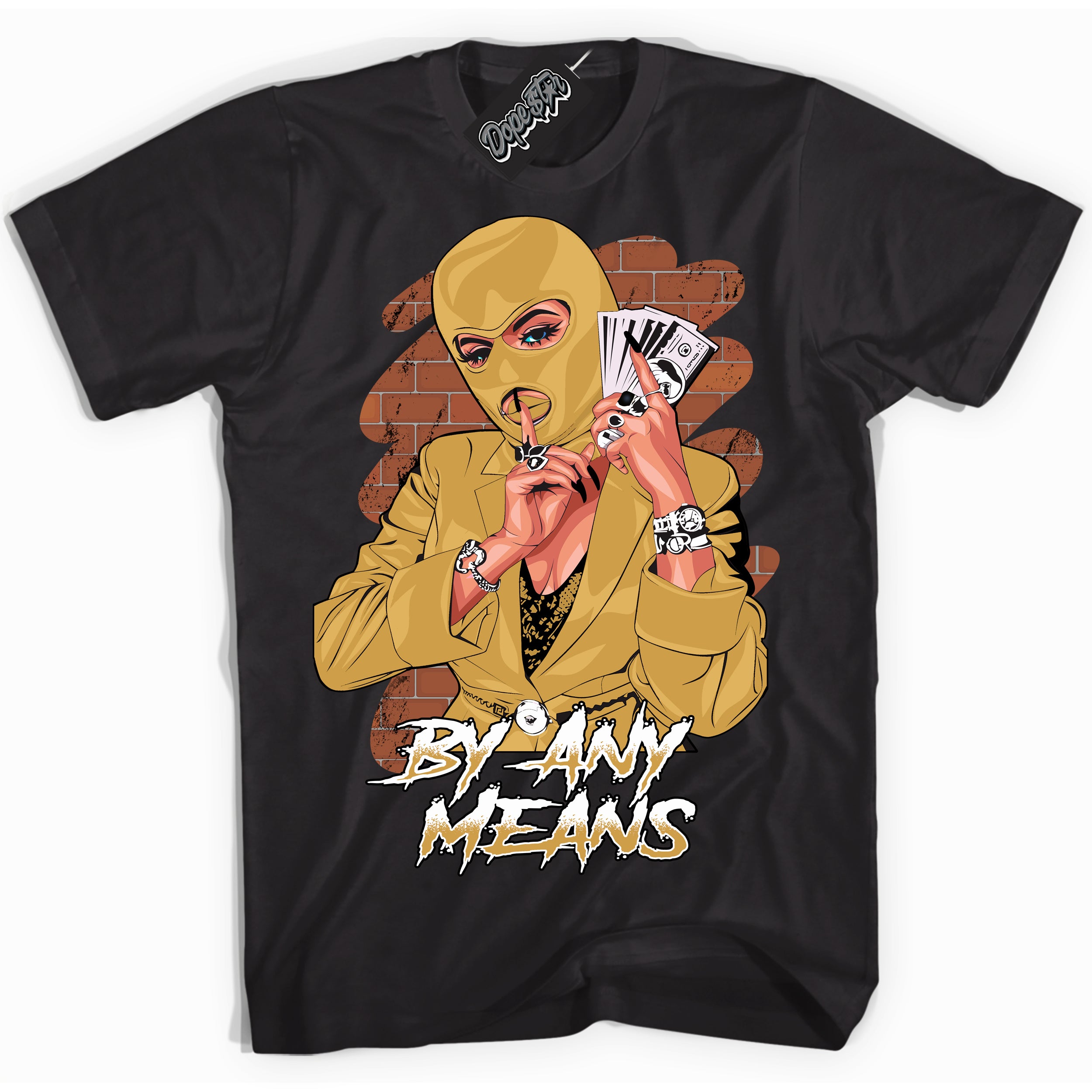 Cool Black Shirt with “ By Any Means ” design that perfectly matches Gold Swoosh 1s Sneakers.