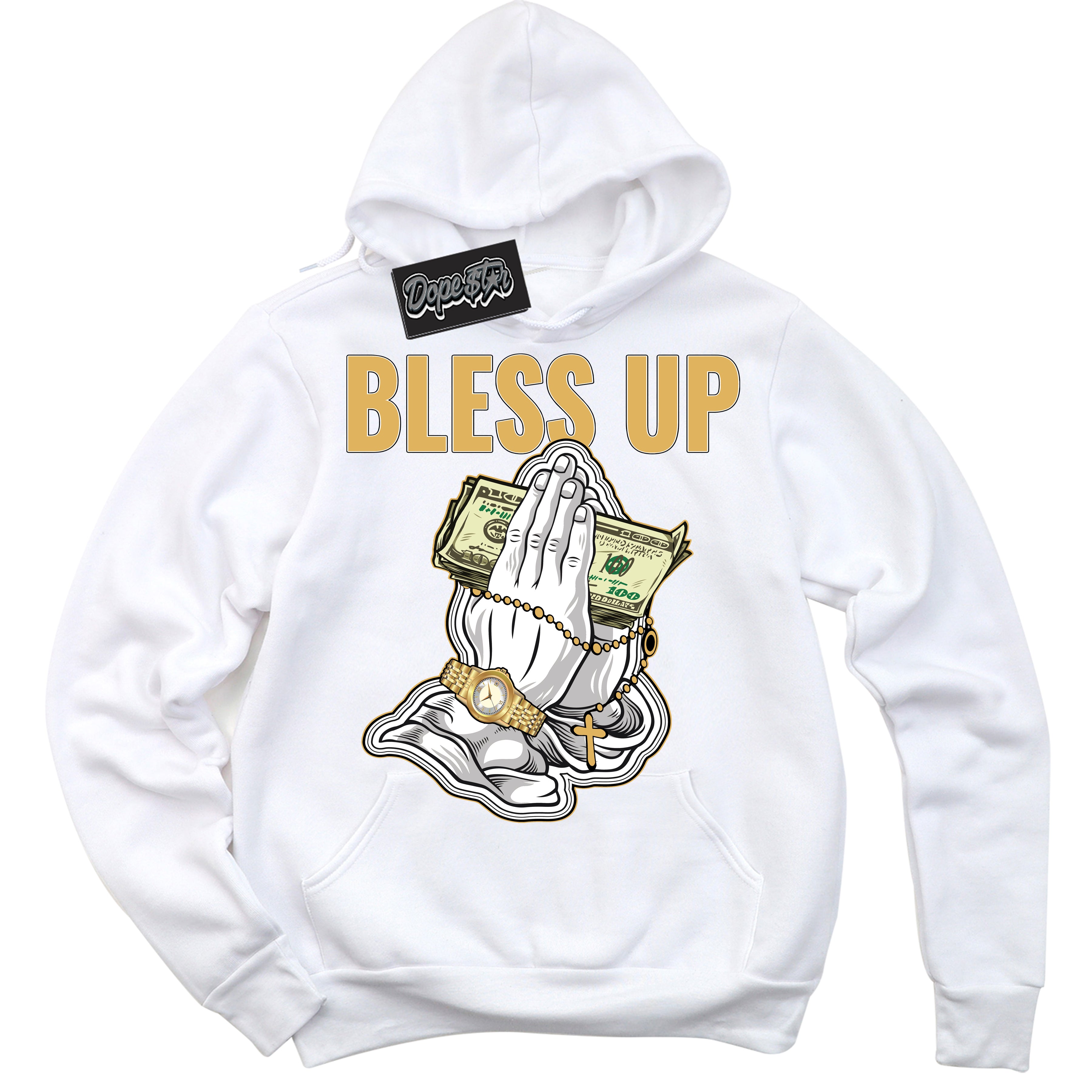 Cool White Hoodie with “ Bless Up ”  design that Perfectly Matches Gold Swoosh 1s Sneakers.