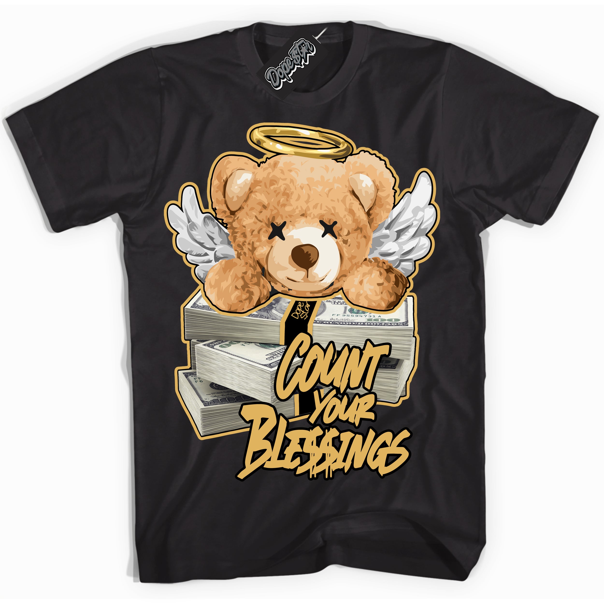 Cool Black Shirt with “ Count Your Blessings ” design that perfectly matches Gold Swoosh 1s Sneakers.