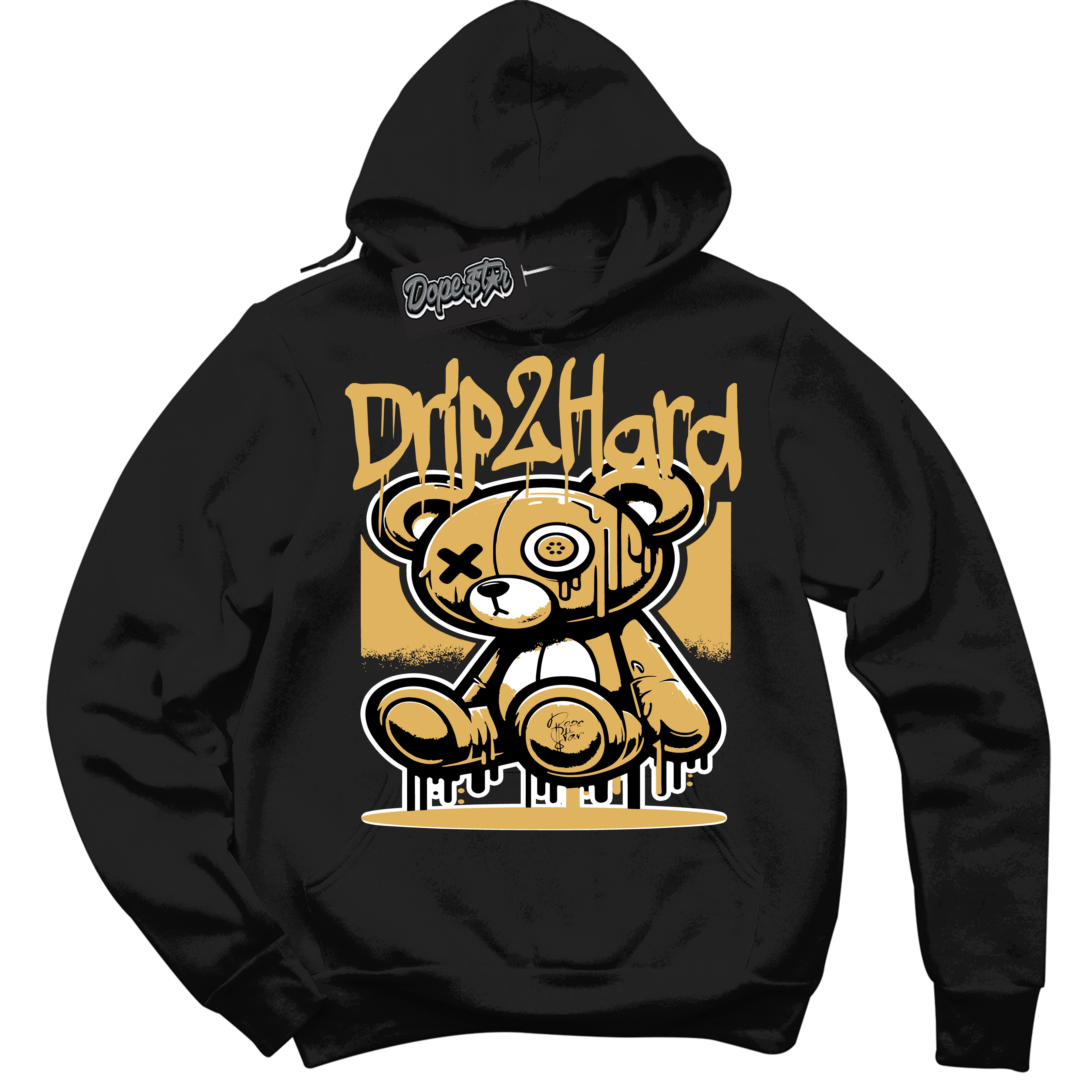 Cool Black Hoodie with “ Drip 2 Hard ”  design that Perfectly Matches Gold Swoosh 1s Sneakers.