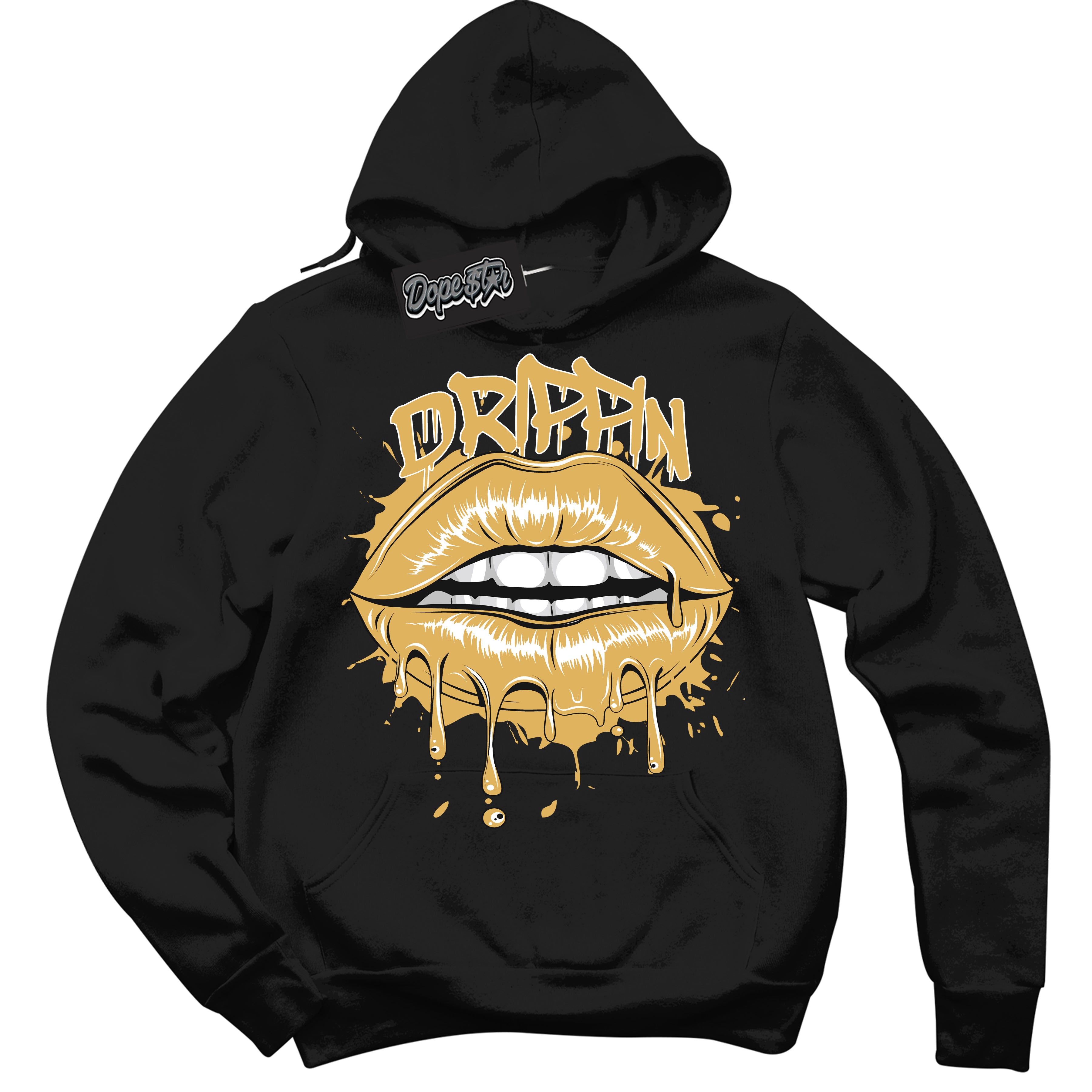 Cool Black Hoodie with “ Drippin ”  design that Perfectly Matches Gold Swoosh 1s Sneakers.