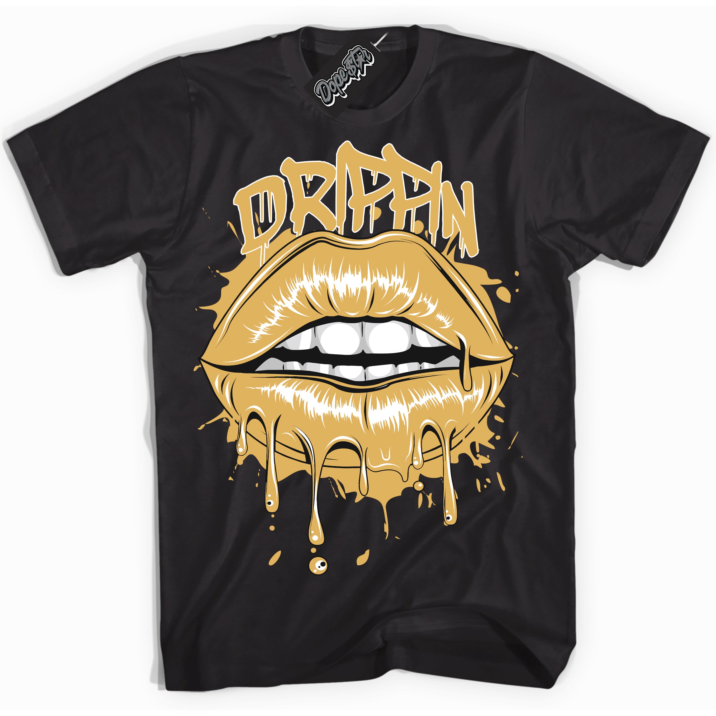 Cool Black Shirt with “ Drippin ” design that perfectly matches Gold Swoosh 1s Sneakers.