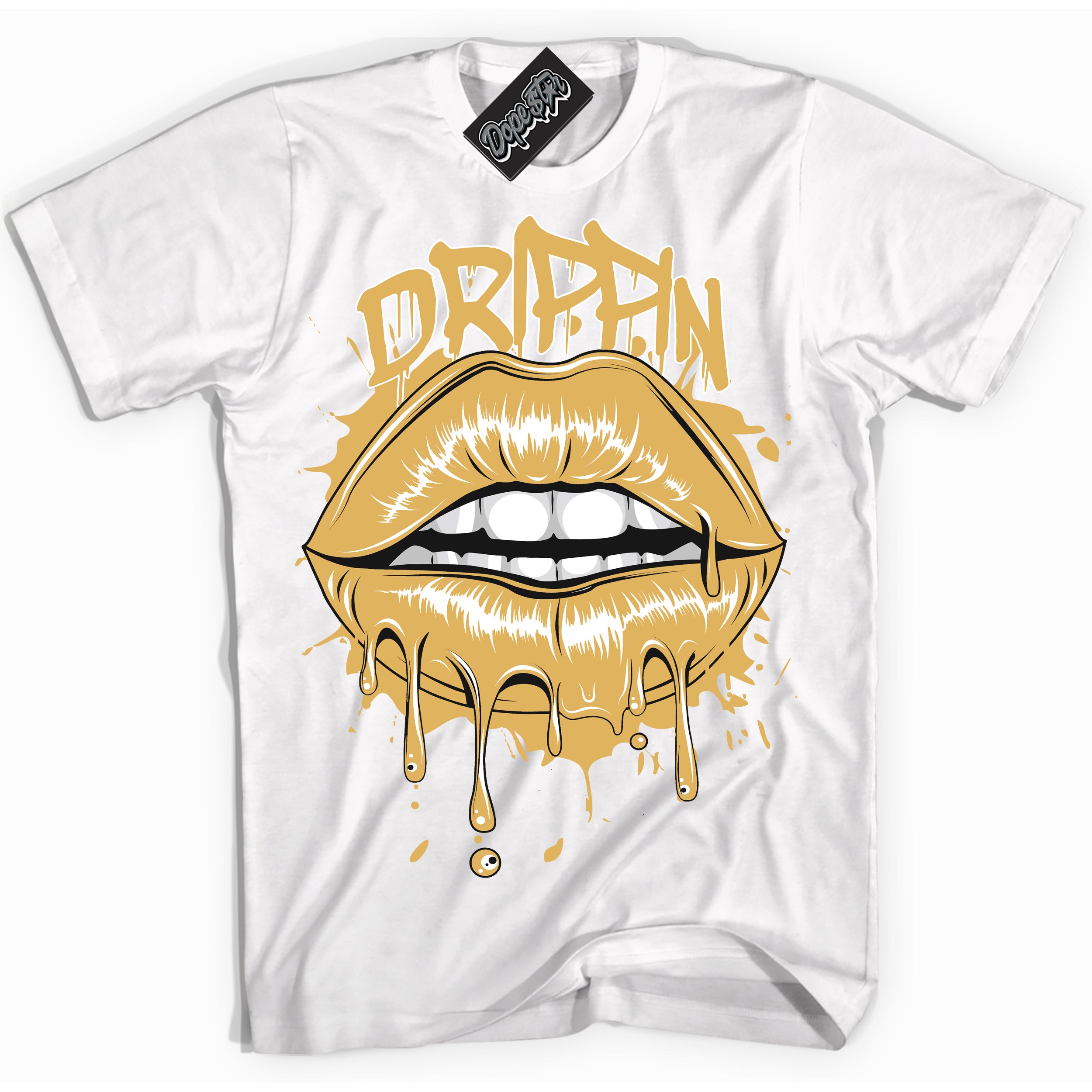 Cool White Shirt with “ Drippin ” design that perfectly matches Gold Swoosh 1s Sneakers.
