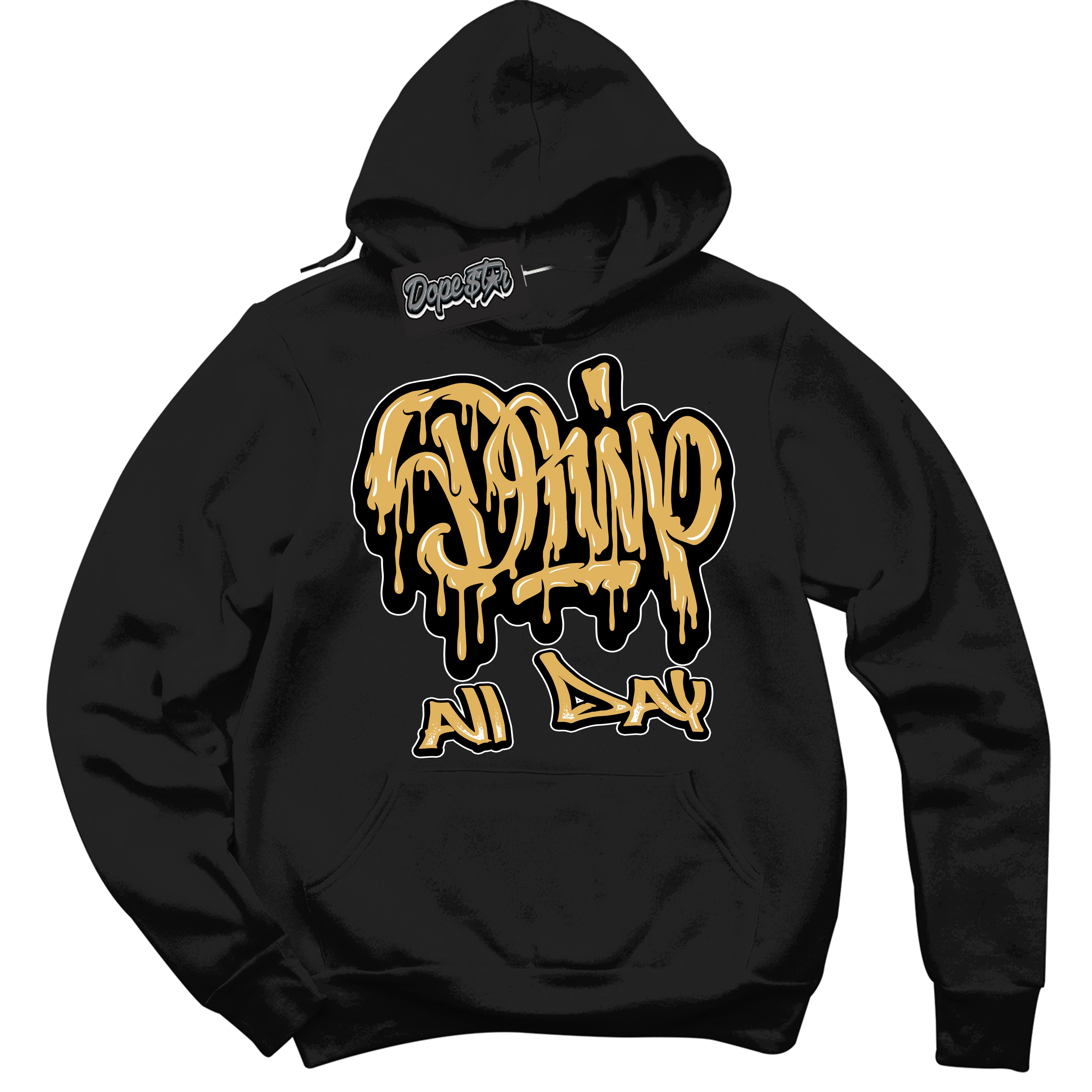 Cool Black Hoodie with “ Drip All Day ”  design that Perfectly Matches Gold Swoosh 1s Sneakers.