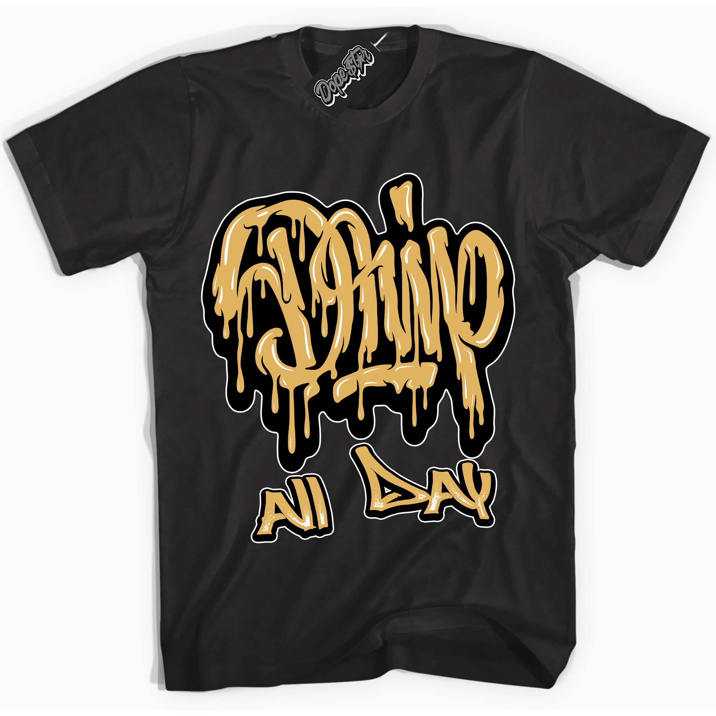 Cool Black Shirt with “ Drip All Day ” design that perfectly matches Gold Swoosh 1s Sneakers.