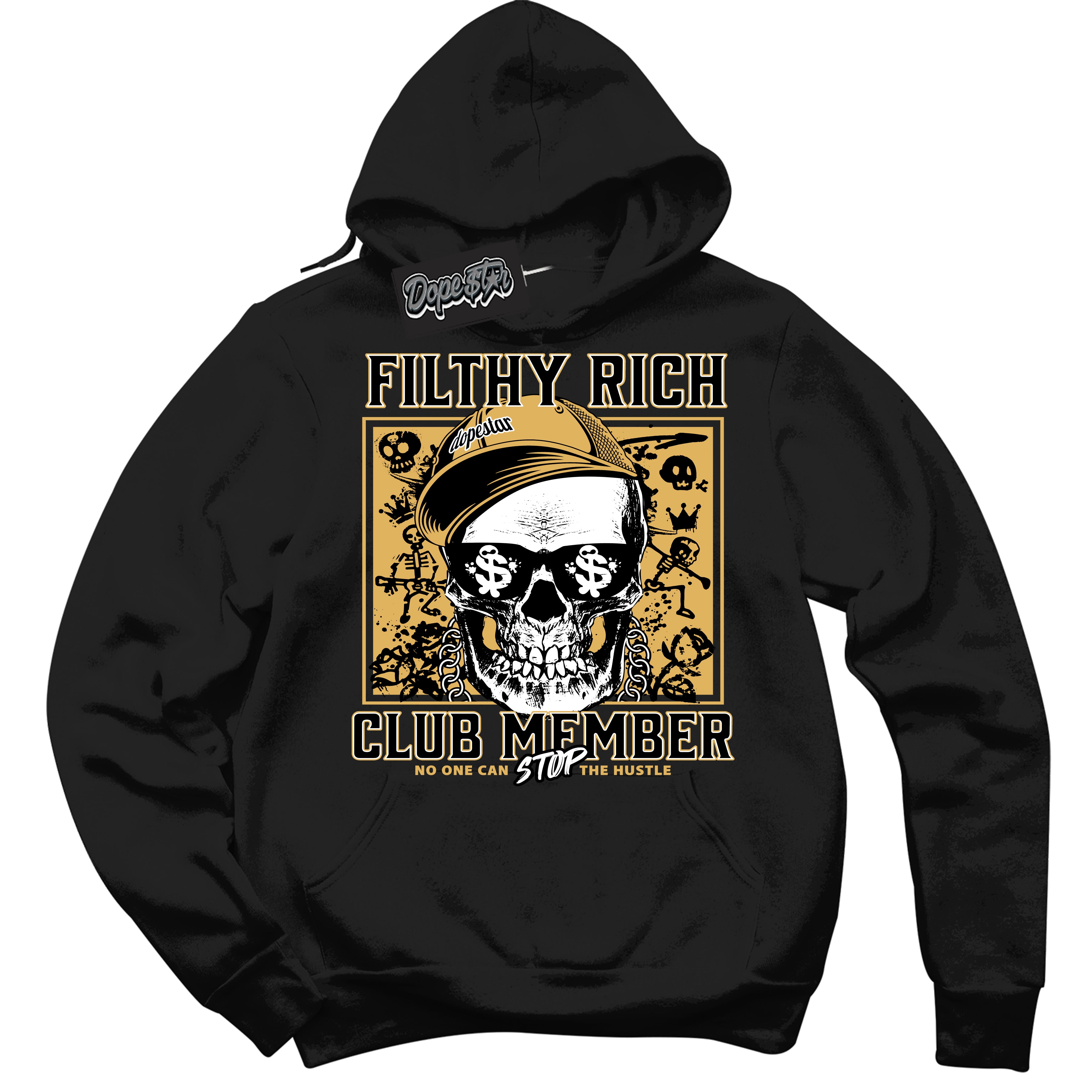 Cool Black Hoodie with “ Filthy Rich ”  design that Perfectly Matches Gold Swoosh 1s Sneakers.