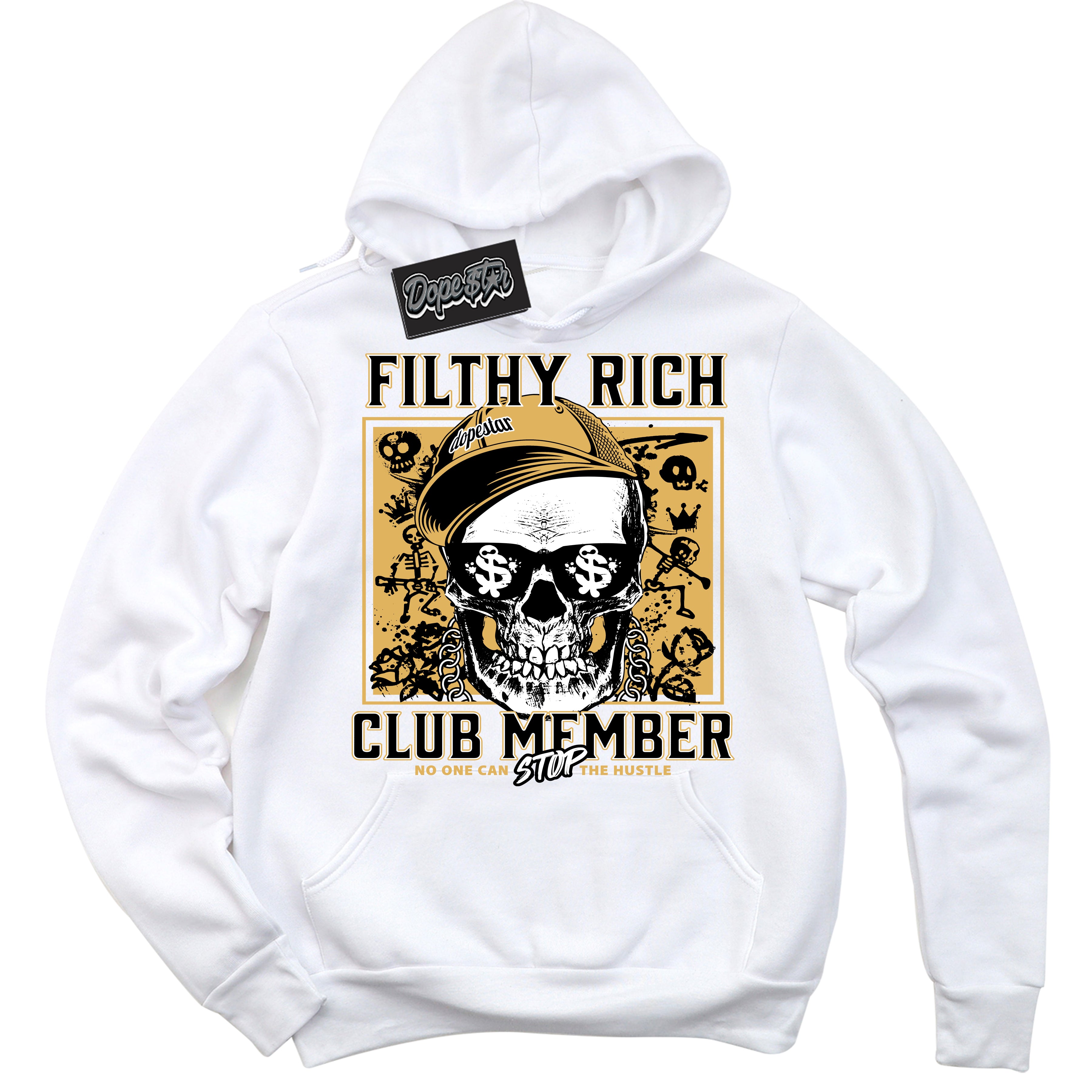 Cool White Hoodie with “ Filthy Rich ”  design that Perfectly Matches Gold Swoosh 1s Sneakers.