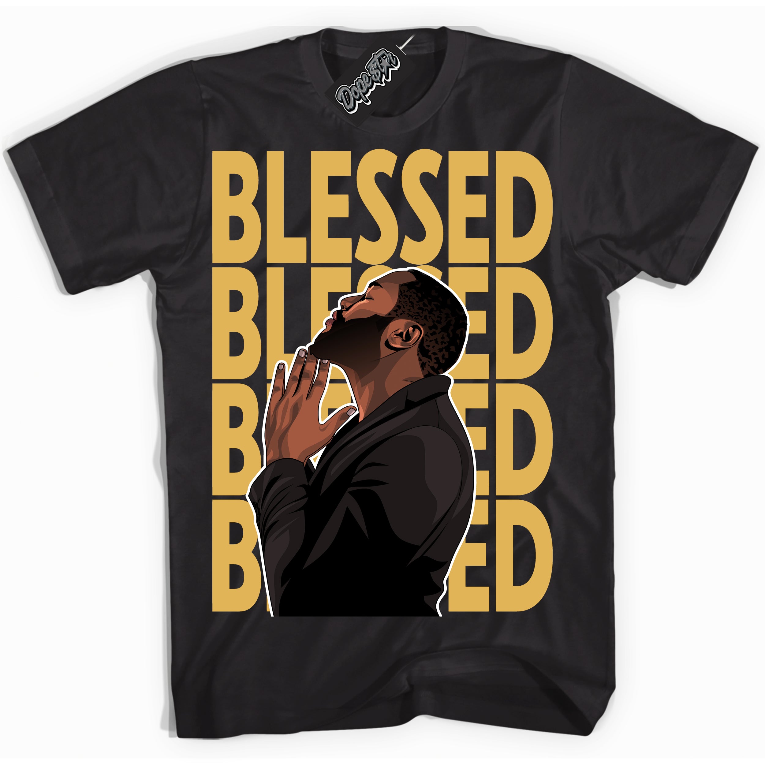 Cool Black Shirt with “ God Blessed ” design that perfectly matches Gold Swoosh 1s Sneakers.