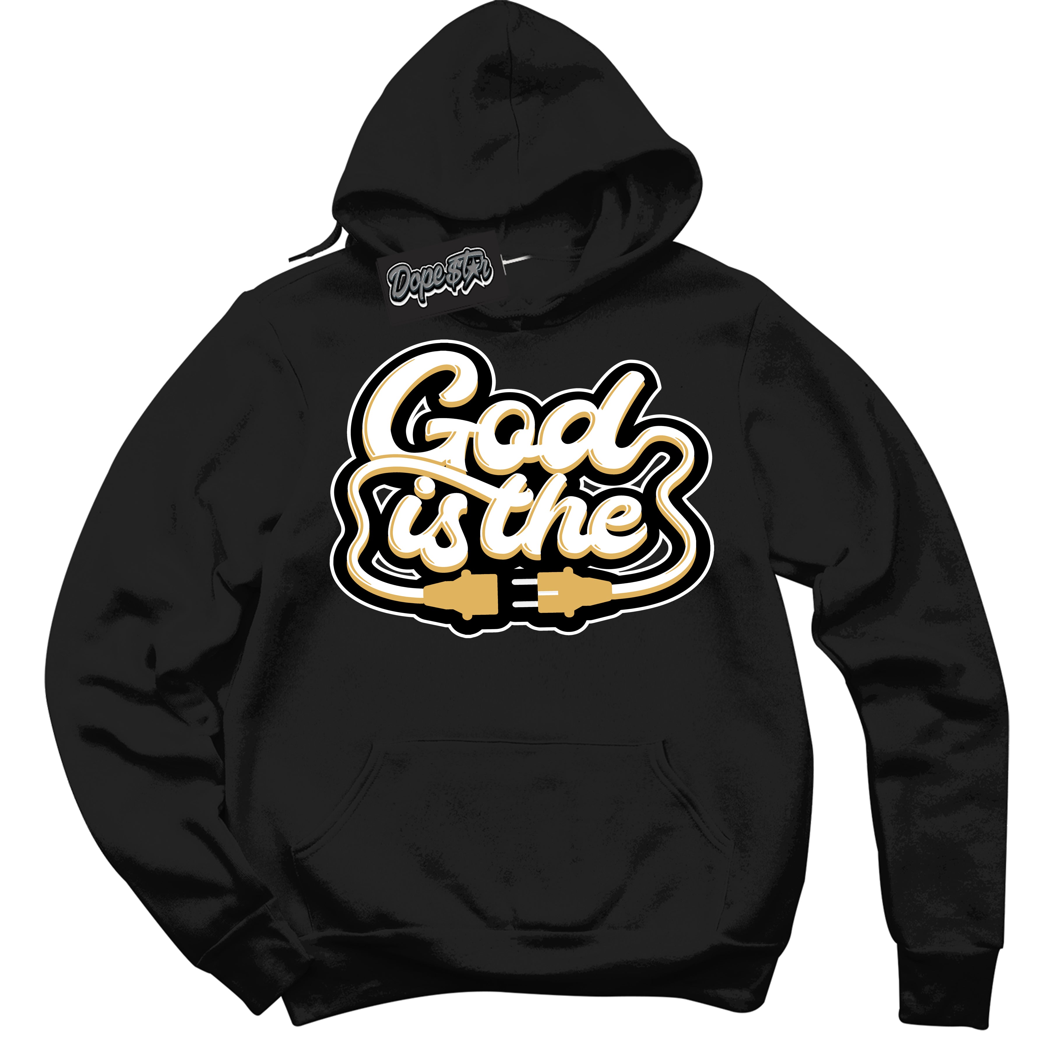Cool Black Hoodie with “ God Is The ”  design that Perfectly Matches Gold Swoosh 1s Sneakers.