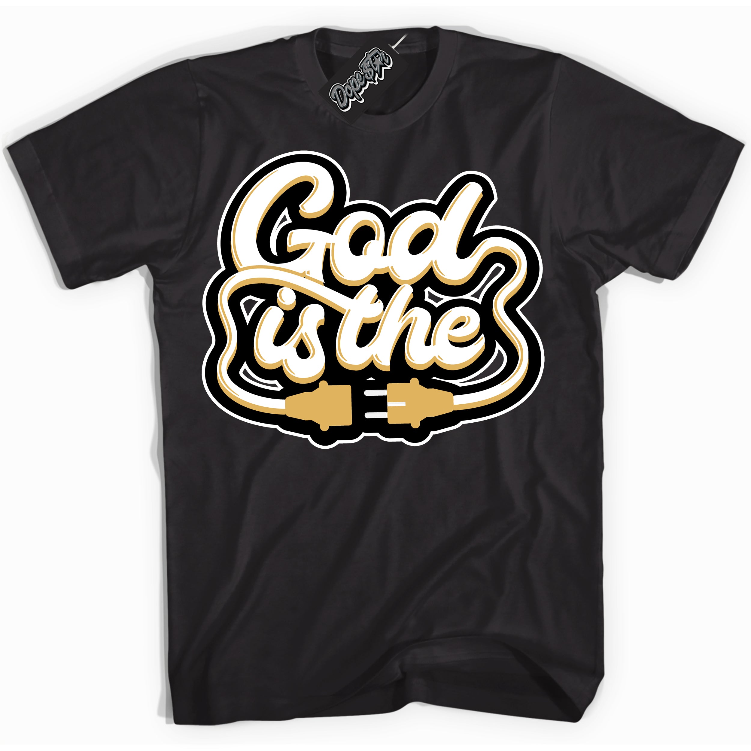 Cool Black Shirt with “ God Is The ” design that perfectly matches Gold Swoosh 1s Sneakers.