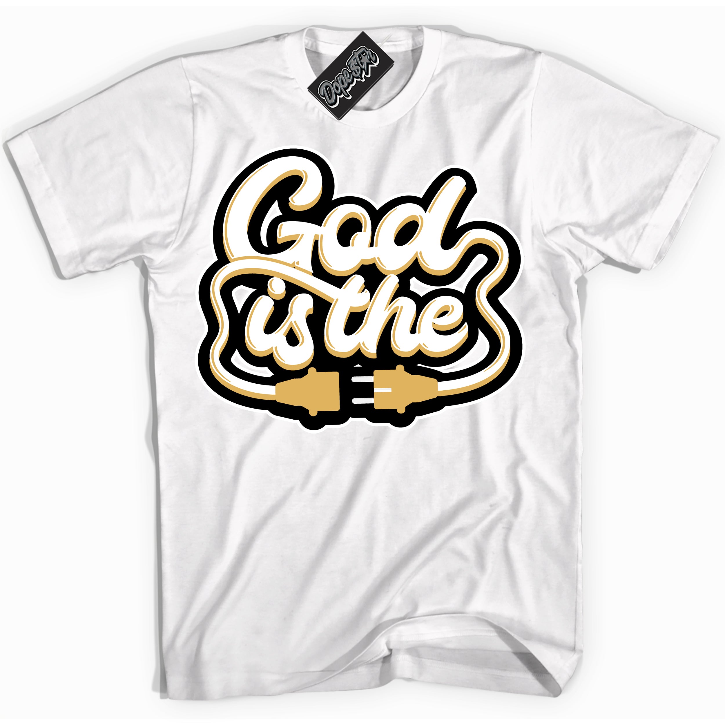 Cool White Shirt with “ God Is The ” design that perfectly matches Gold Swoosh 1s Sneakers.