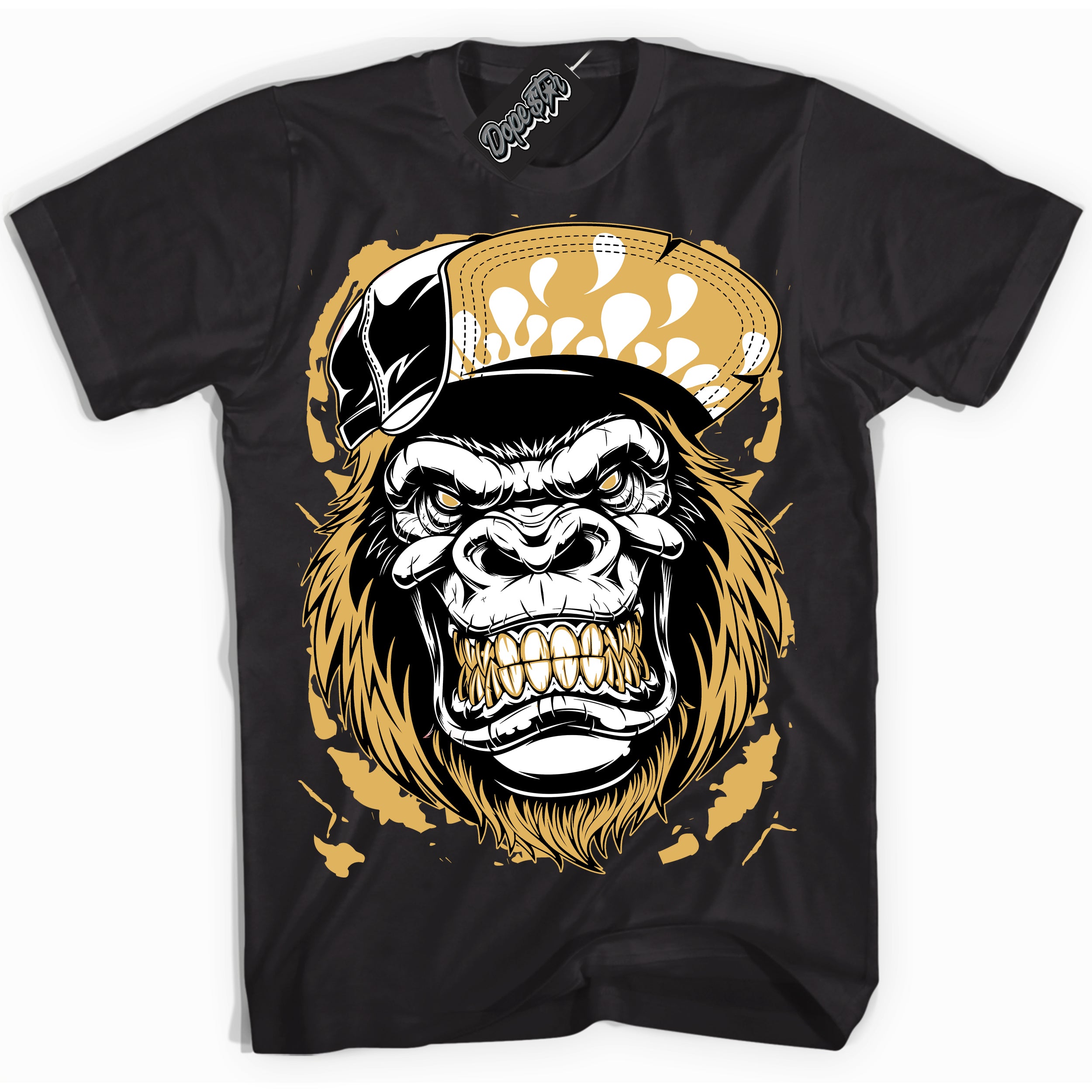 Cool Black Shirt with “ Gorilla Beast ” design that perfectly matches Gold Swoosh 1s Sneakers.
