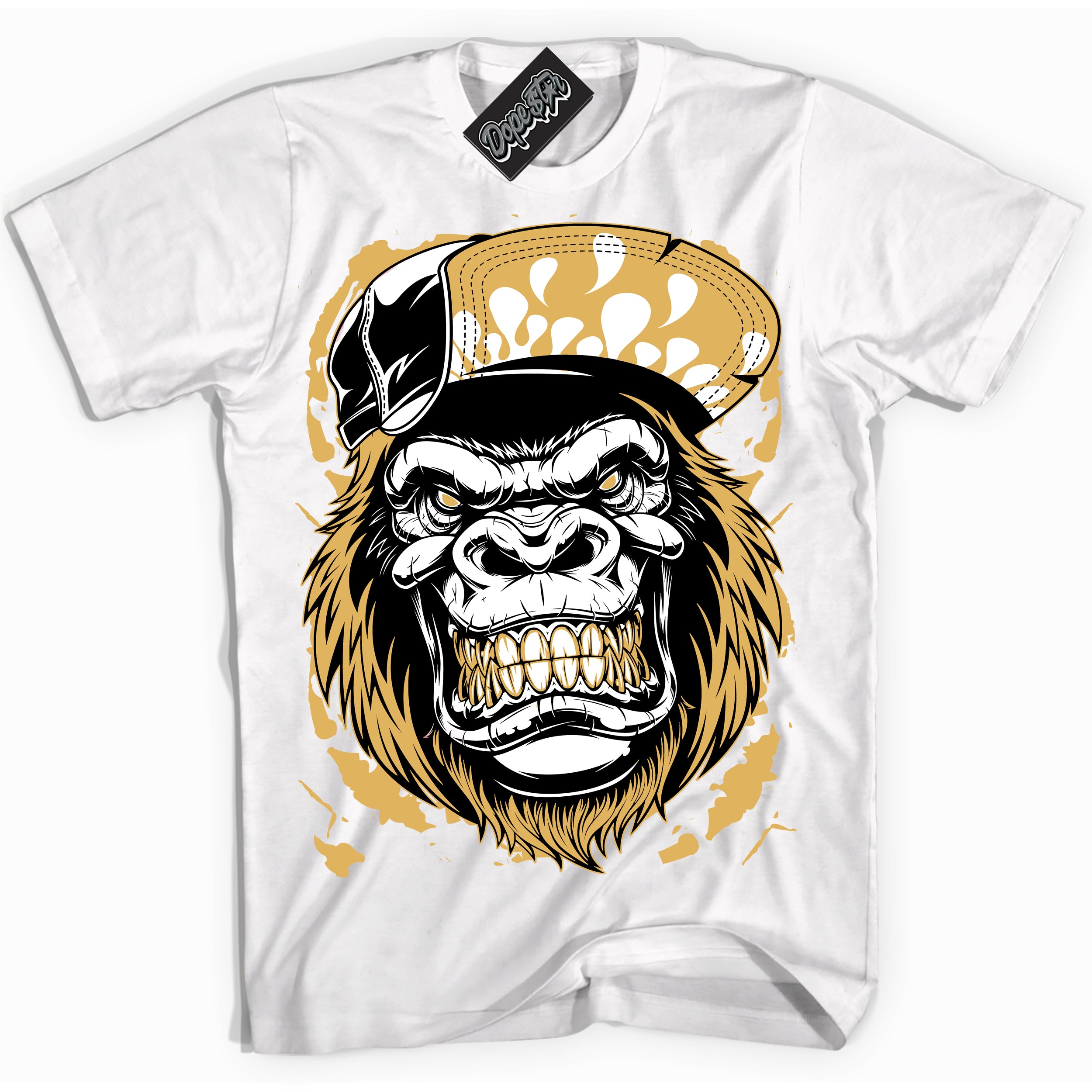 Cool White Shirt with “ Gorilla Beast ” design that perfectly matches Gold Swoosh 1s Sneakers.
