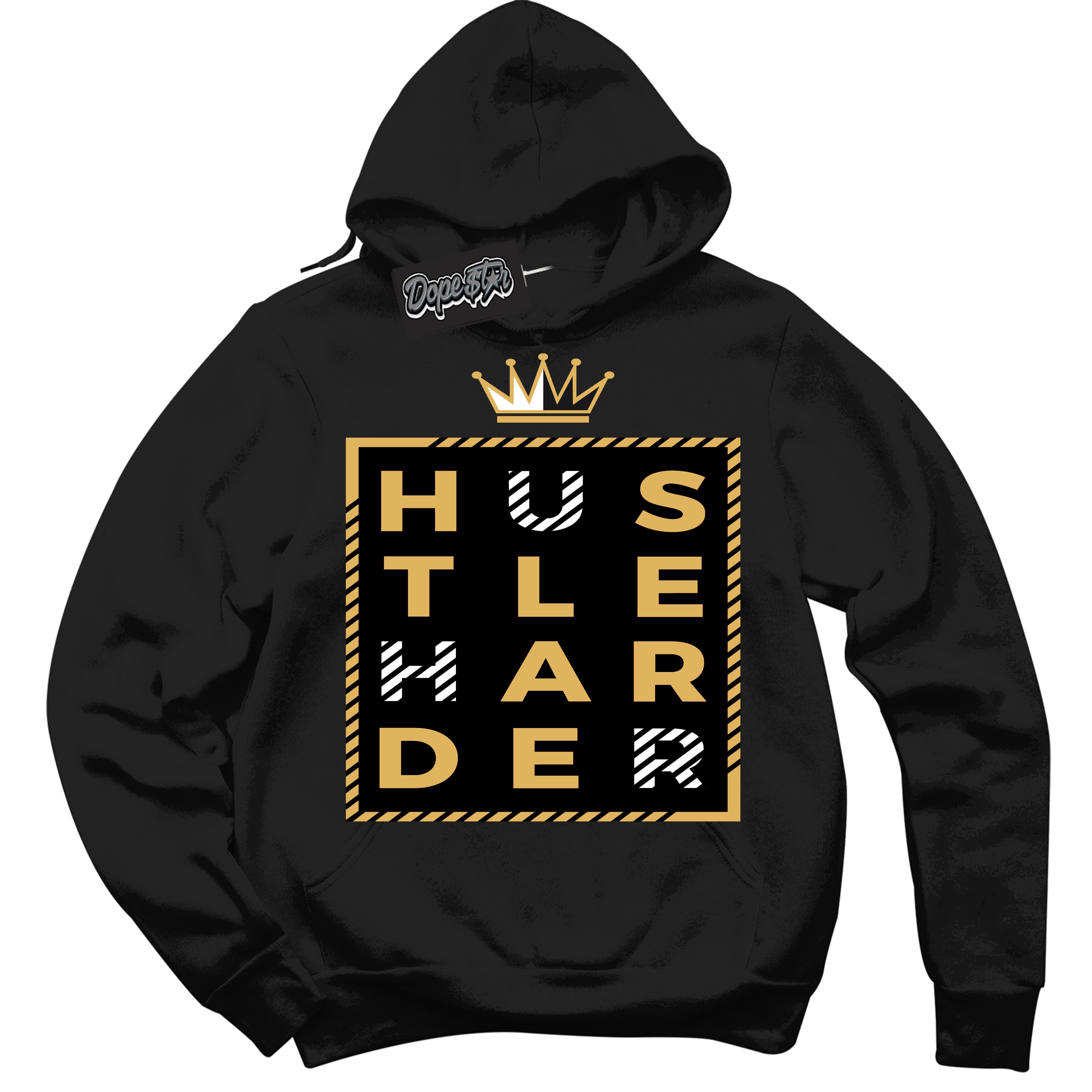 Cool Black Hoodie with “ Hustle Harder ”  design that Perfectly Matches Gold Swoosh 1s Sneakers.