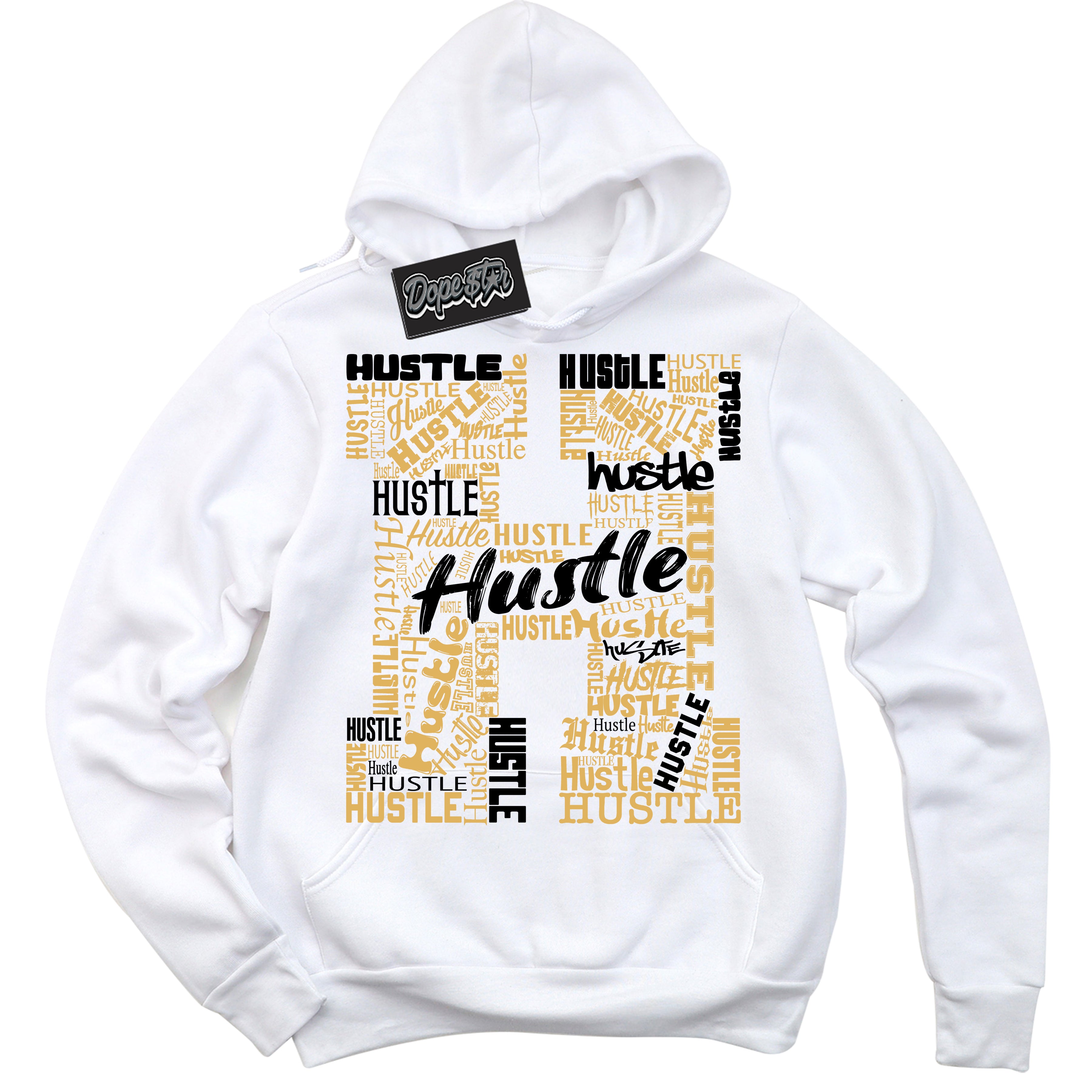 Cool White Hoodie with “ Hustle H ”  design that Perfectly Matches Gold Swoosh 1s Sneakers.
