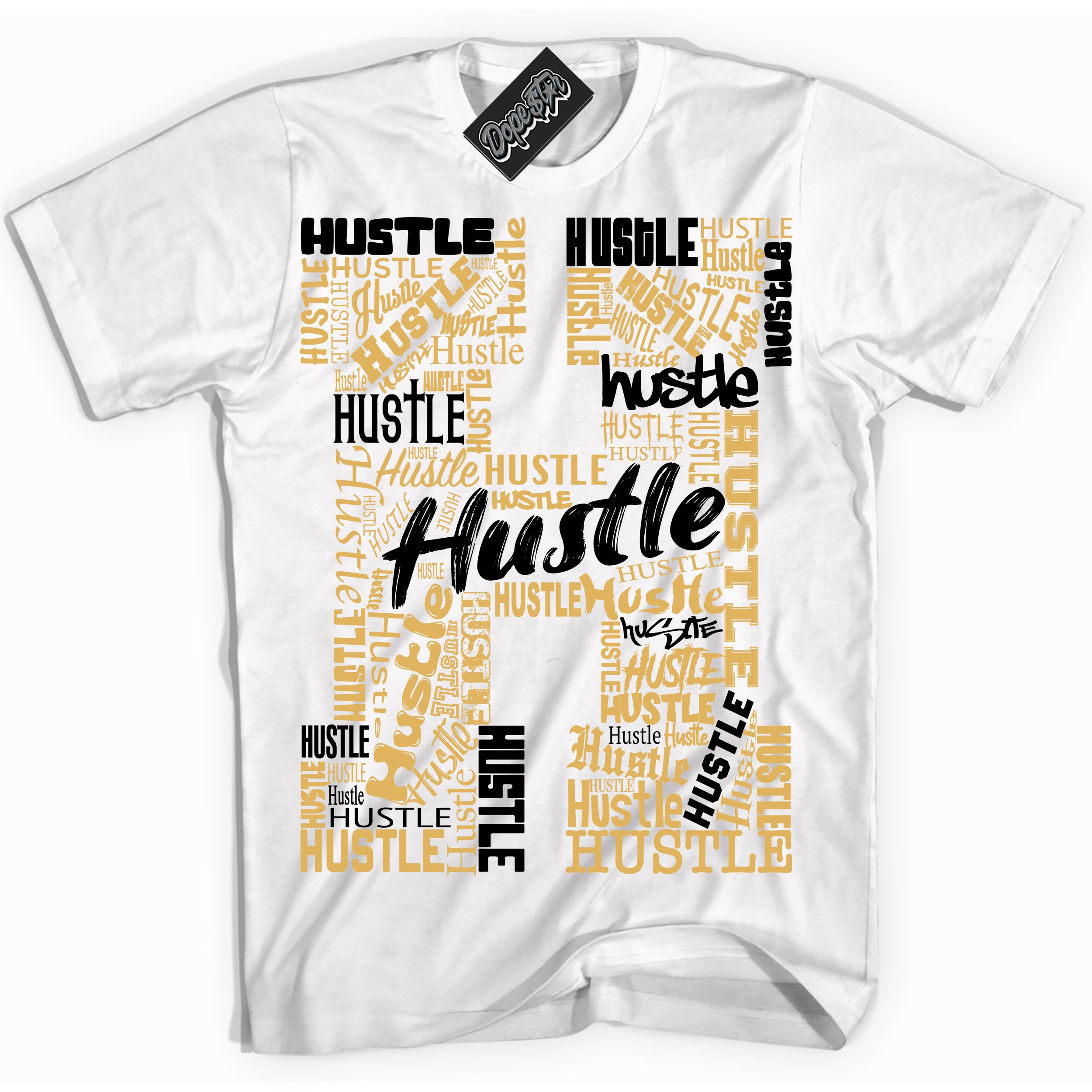 Cool White Shirt with “ Hustle H ” design that perfectly matches Gold Swoosh 1s Sneakers.