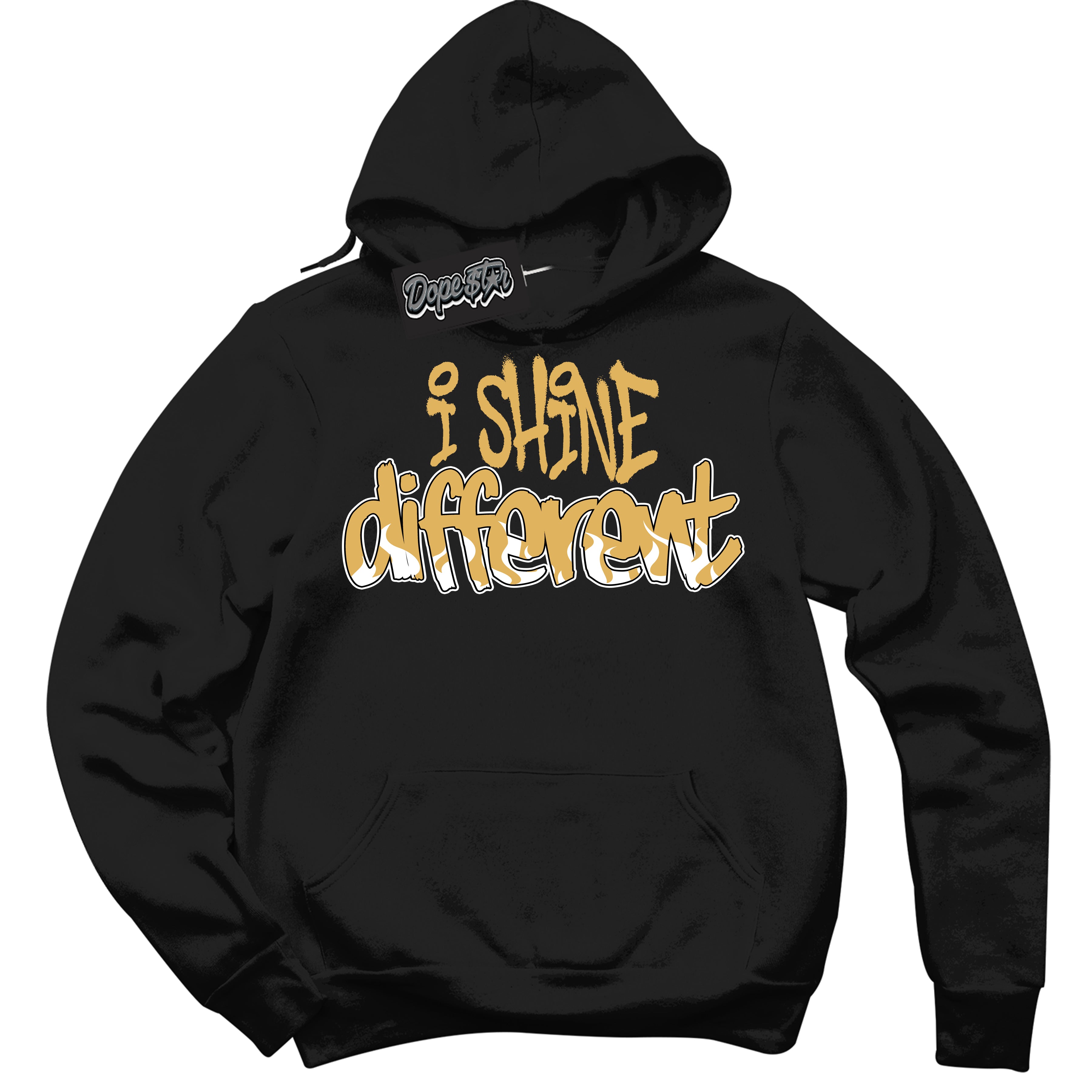 Cool Black Hoodie with “ I Shine Different ”  design that Perfectly Matches Gold Swoosh 1s Sneakers.