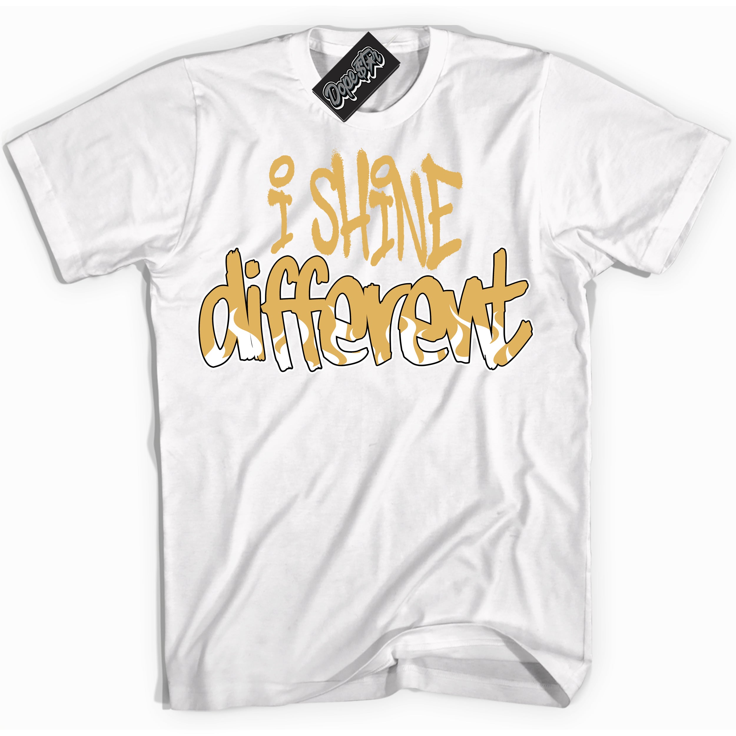 Cool White Shirt with “ I Shine Different ” design that perfectly matches Gold Swoosh 1s Sneakers.
