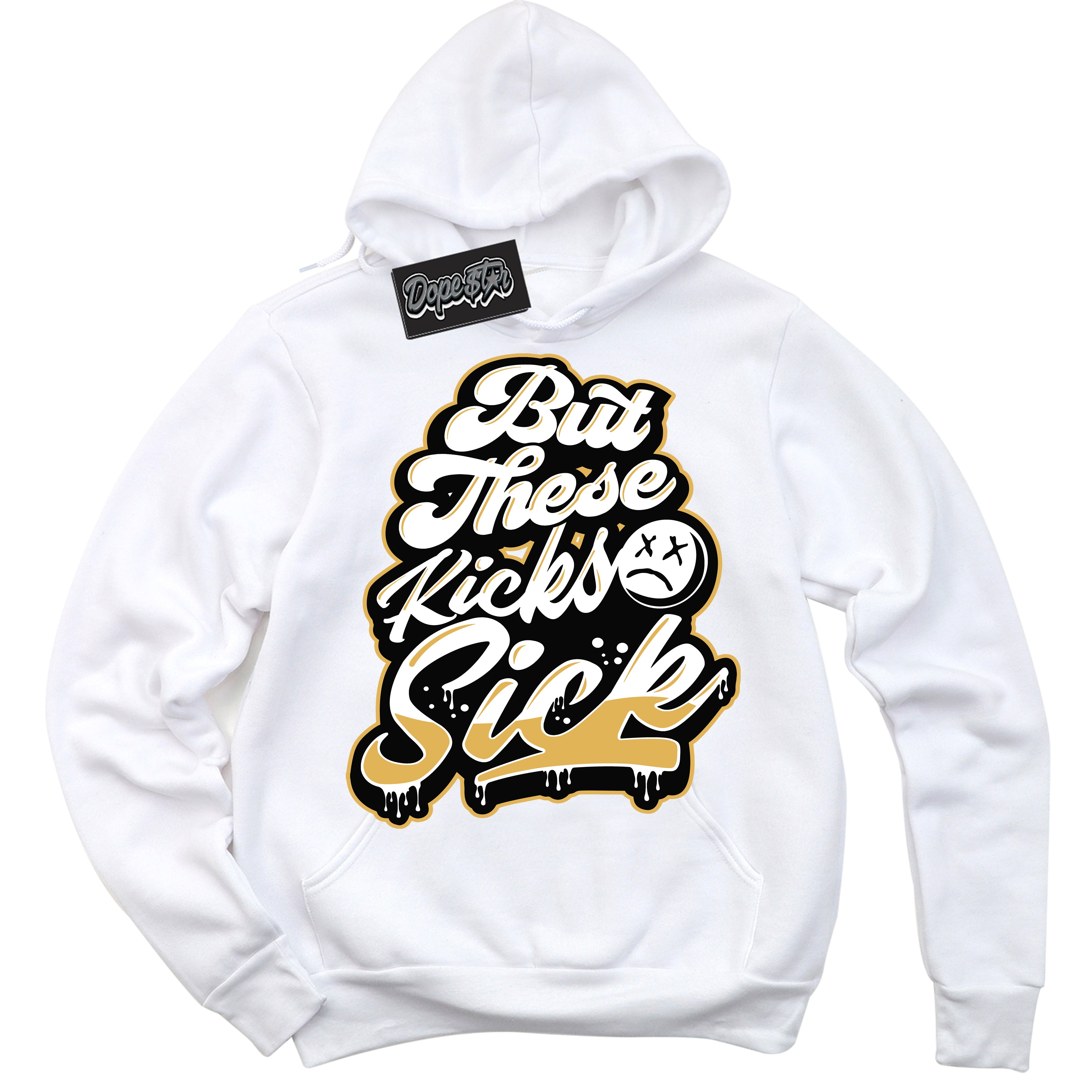 Cool White Hoodie with “ Kick Sick ”  design that Perfectly Matches Gold Swoosh 1s Sneakers.