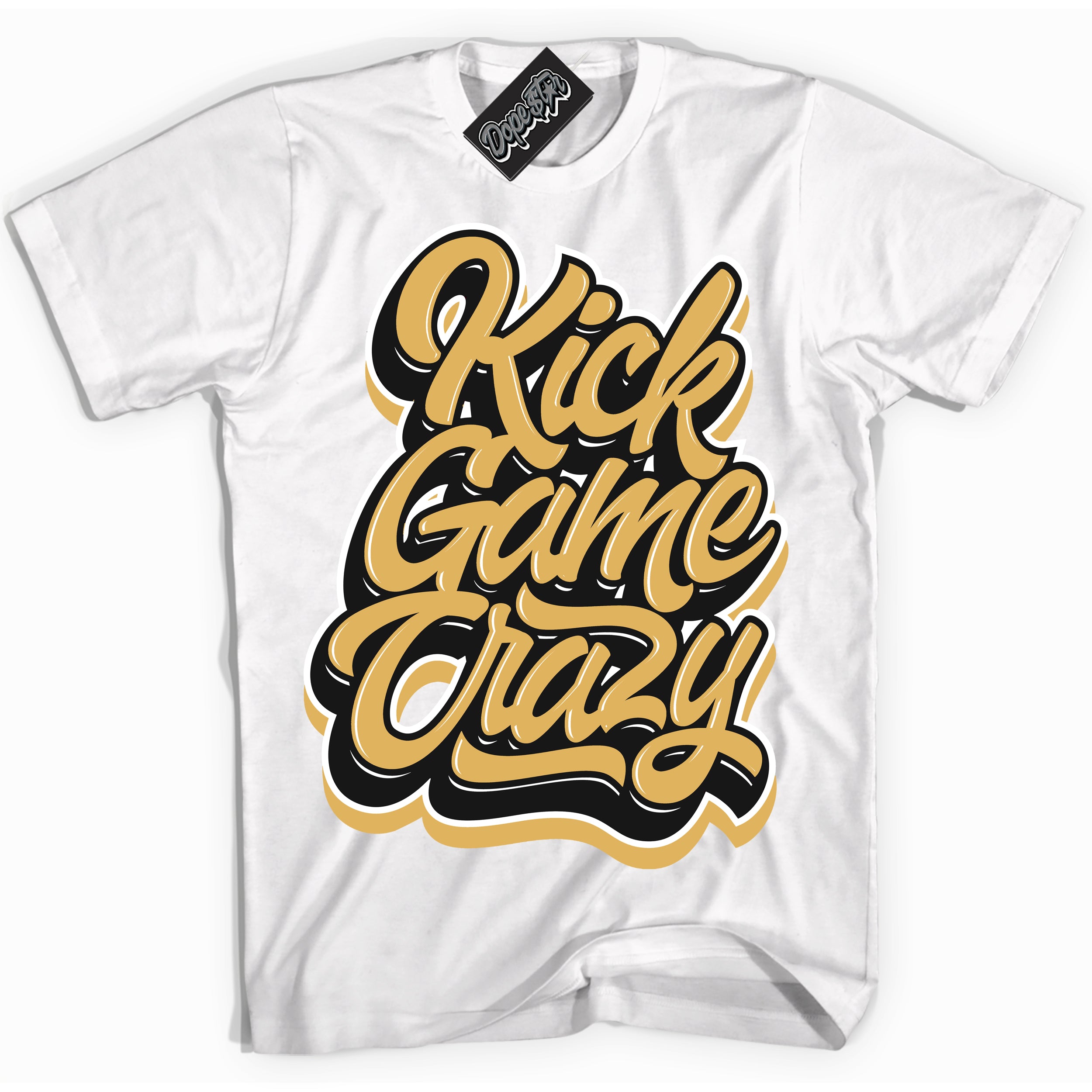 Cool White Shirt with “ Kick Game Crazy ” design that perfectly matches Gold Swoosh 1s Sneakers.