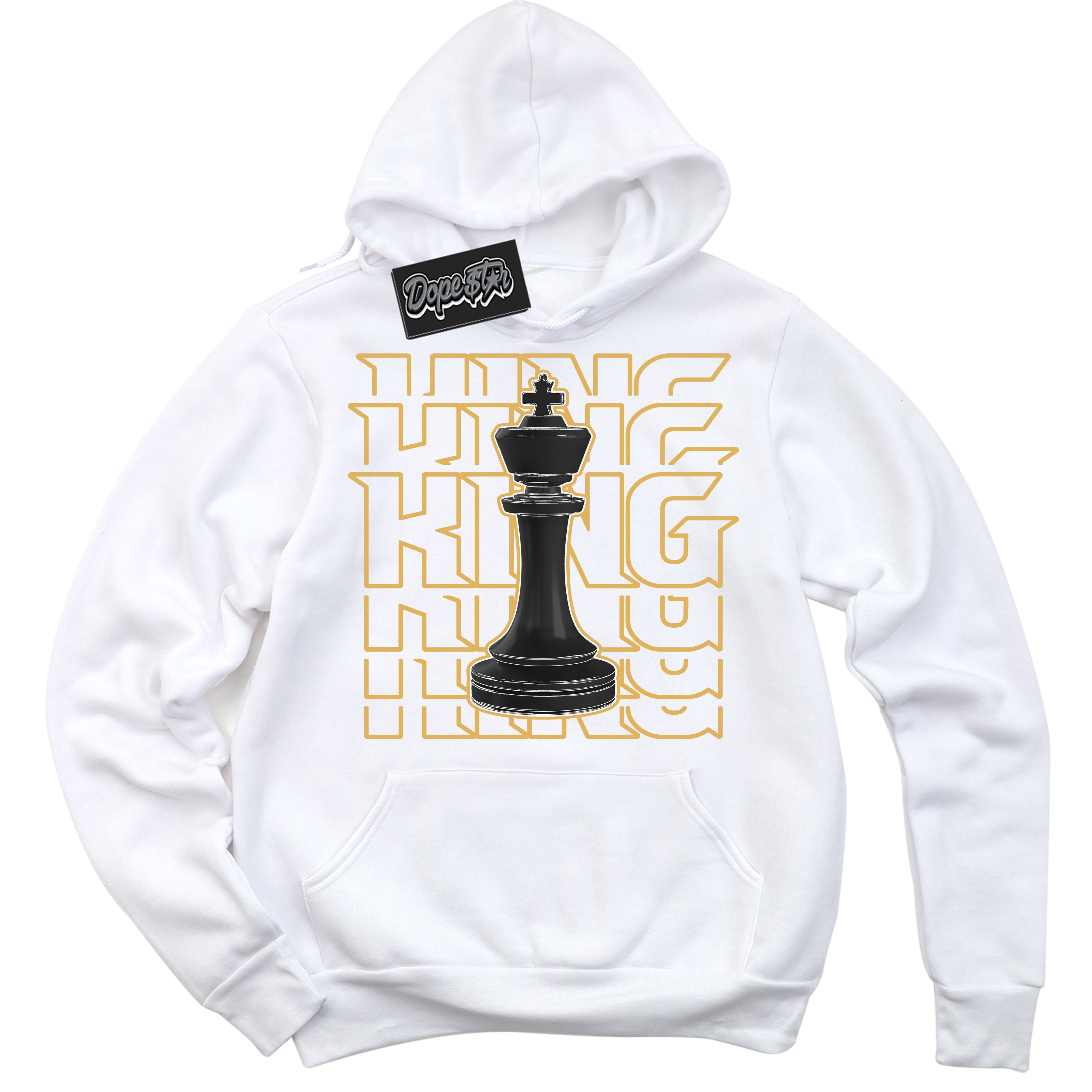 Cool White Hoodie with “ King Chess ”  design that Perfectly Matches Gold Swoosh 1s Sneakers.