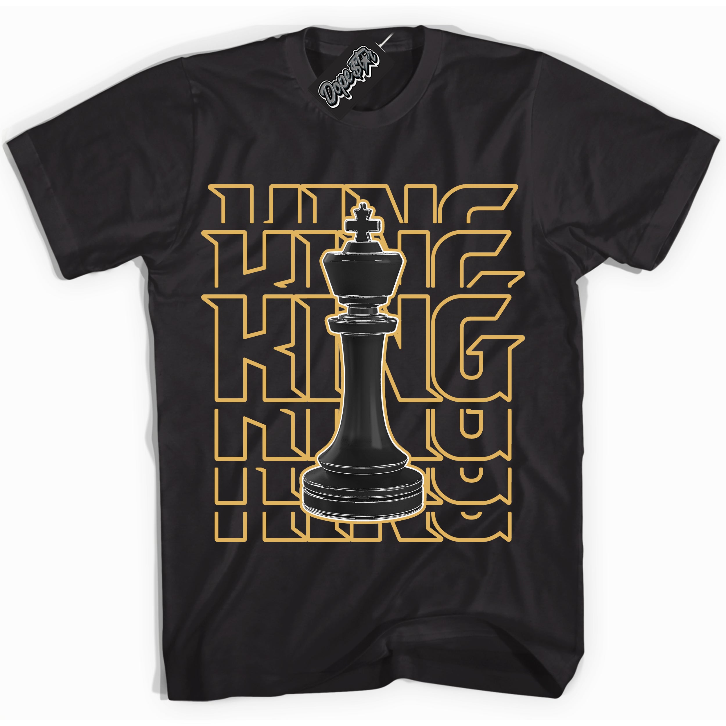 Cool Black Shirt with “ King Chess ” design that perfectly matches Gold Swoosh 1s Sneakers.
