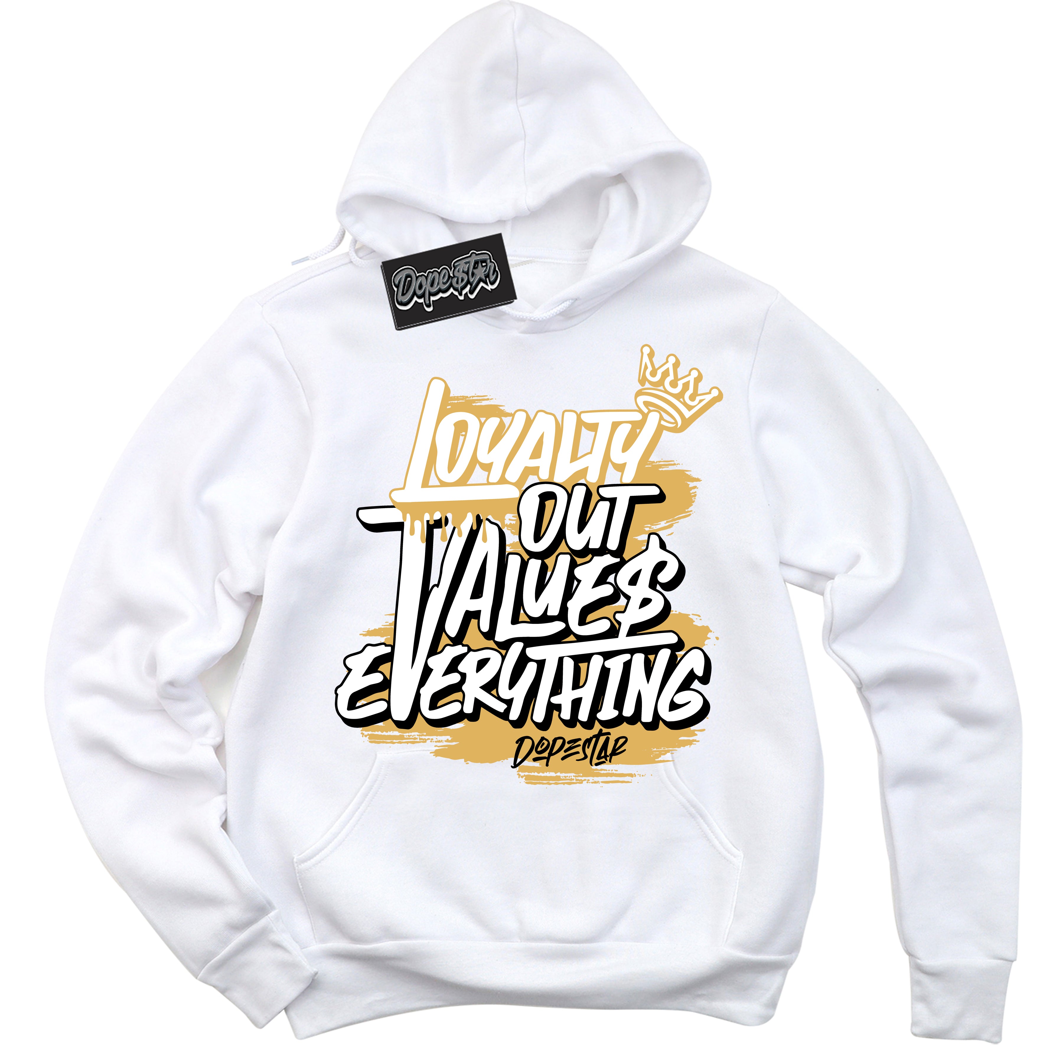 Cool White Hoodie with “ Loyalty Out Values Everything ”  design that Perfectly Matches Gold Swoosh 1s Sneakers.