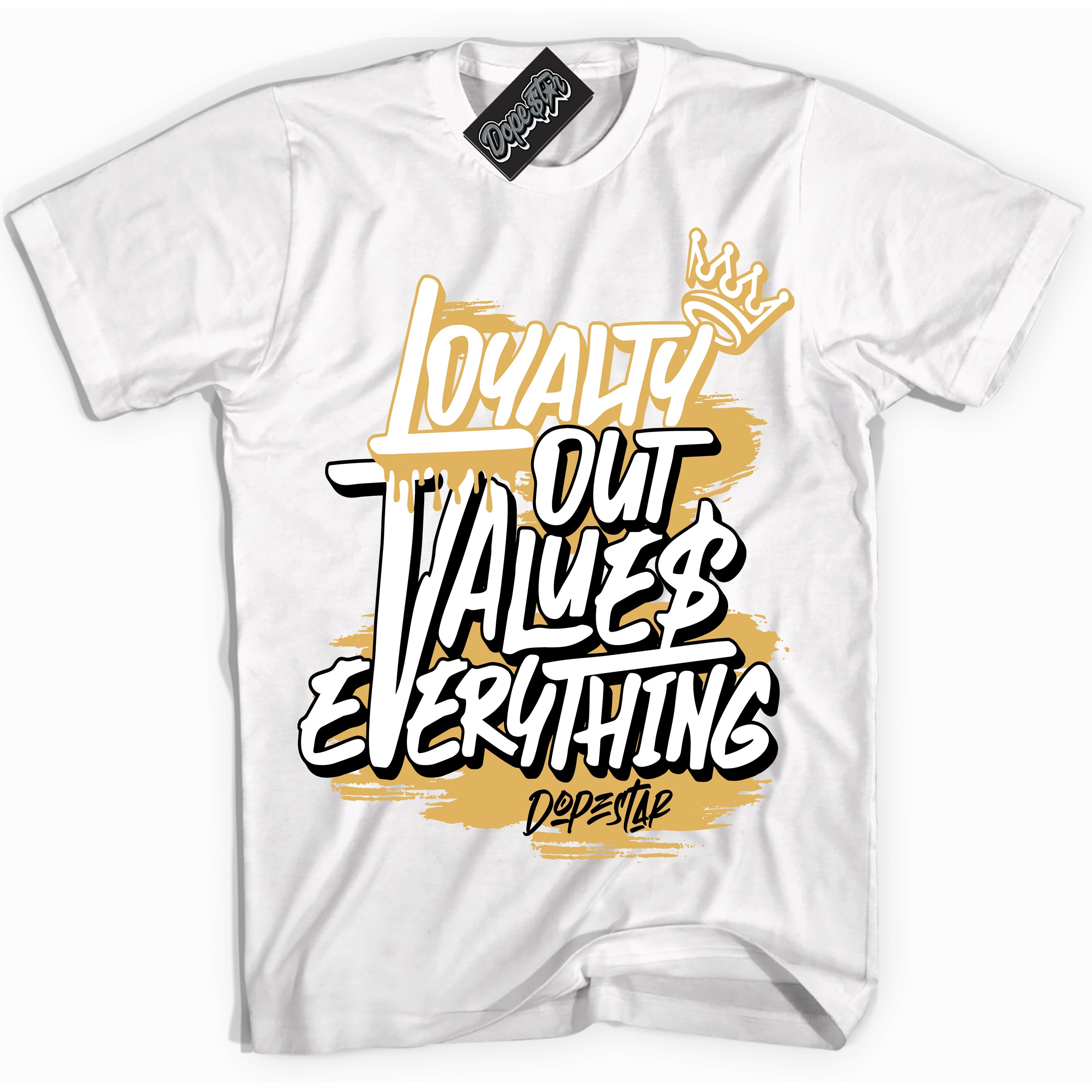 Cool White Shirt with “ Loyalty Out Values Everything ” design that perfectly matches Gold Swoosh 1s Sneakers.