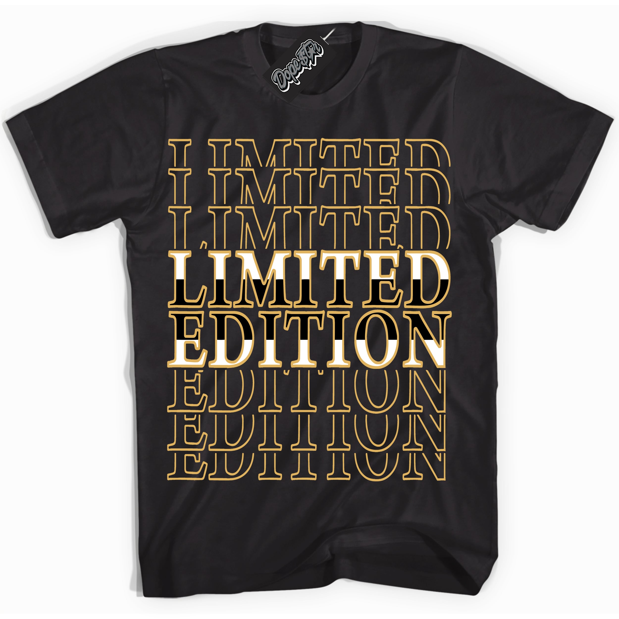 Cool Black Shirt with “ Limited Edition ” design that perfectly matches Gold Swoosh 1s Sneakers.